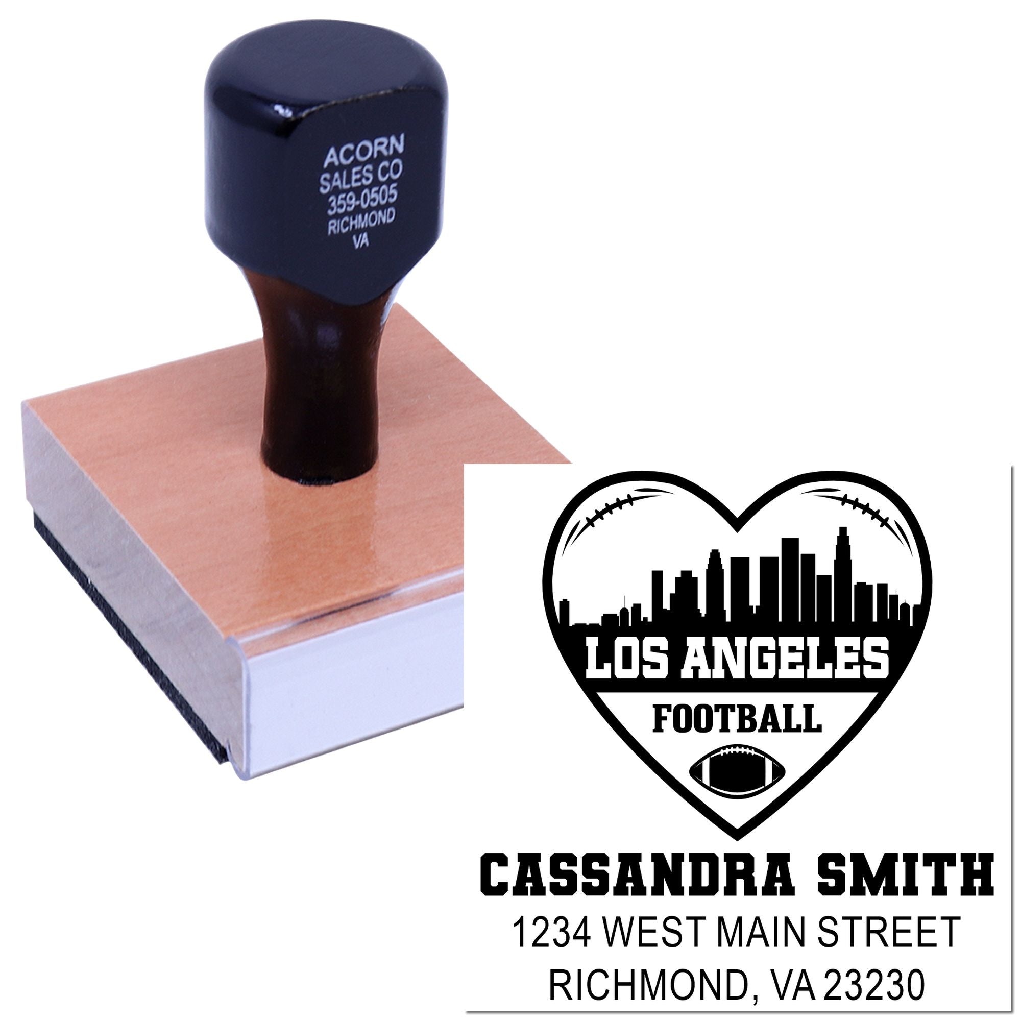 Custom self-inking rubber stamp with personalized Los Angeles football design, name, and address.