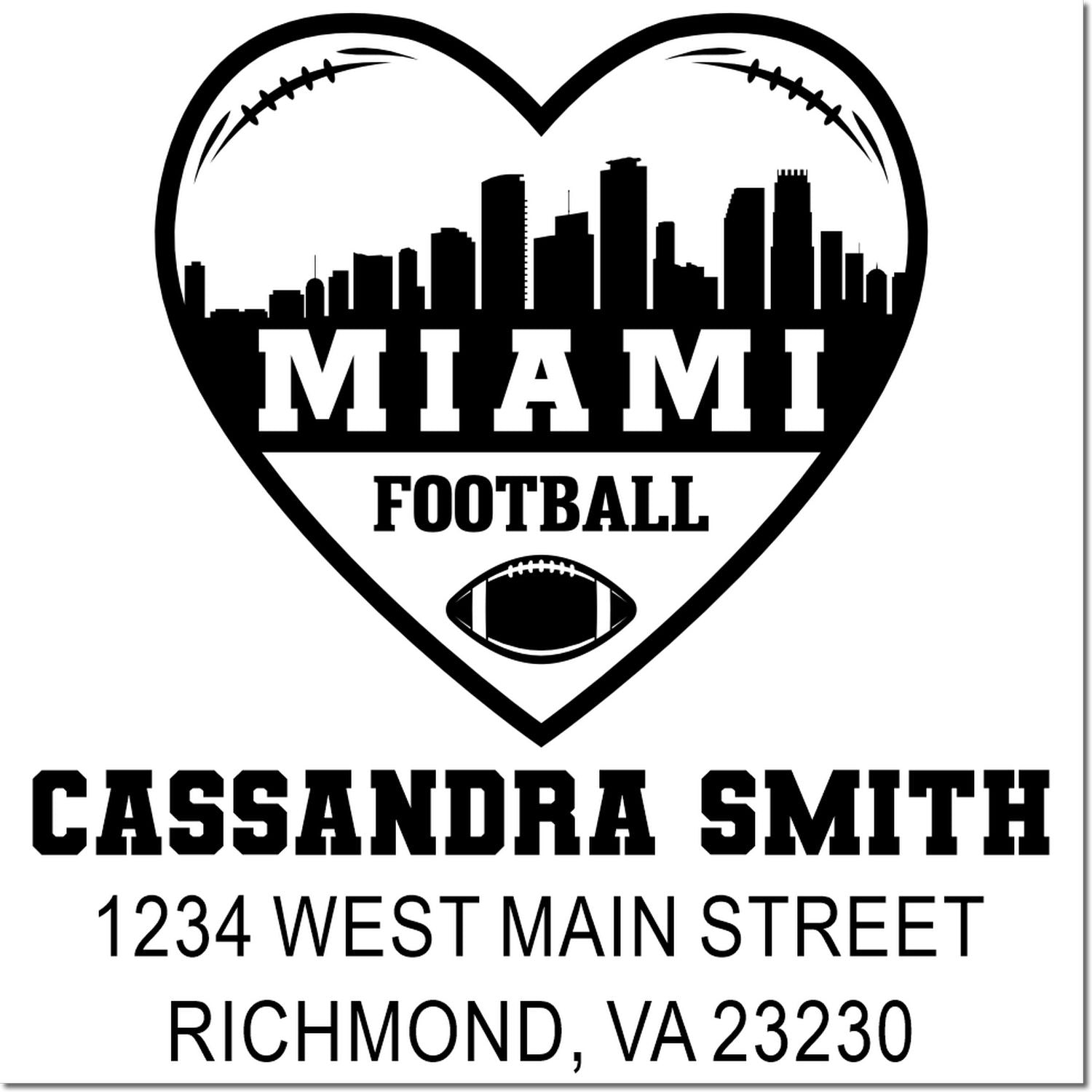 Custom Miami football rubber stamp with skyline heart, personalized Cassandra Smith name, and Richmond, VA return address.