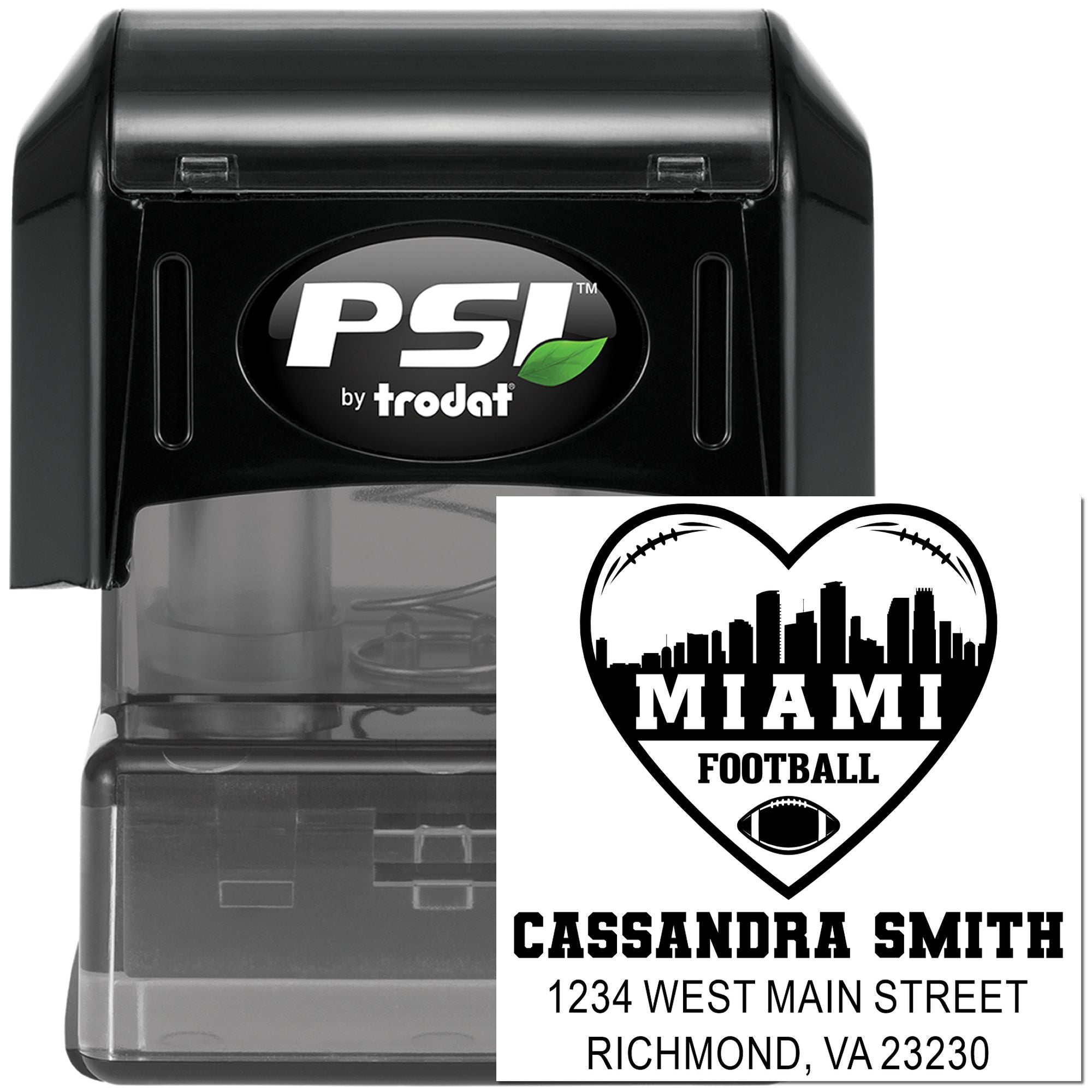 PSI by Trodat self-inking rubber stamp with custom Miami Football return address design and address imprint.
