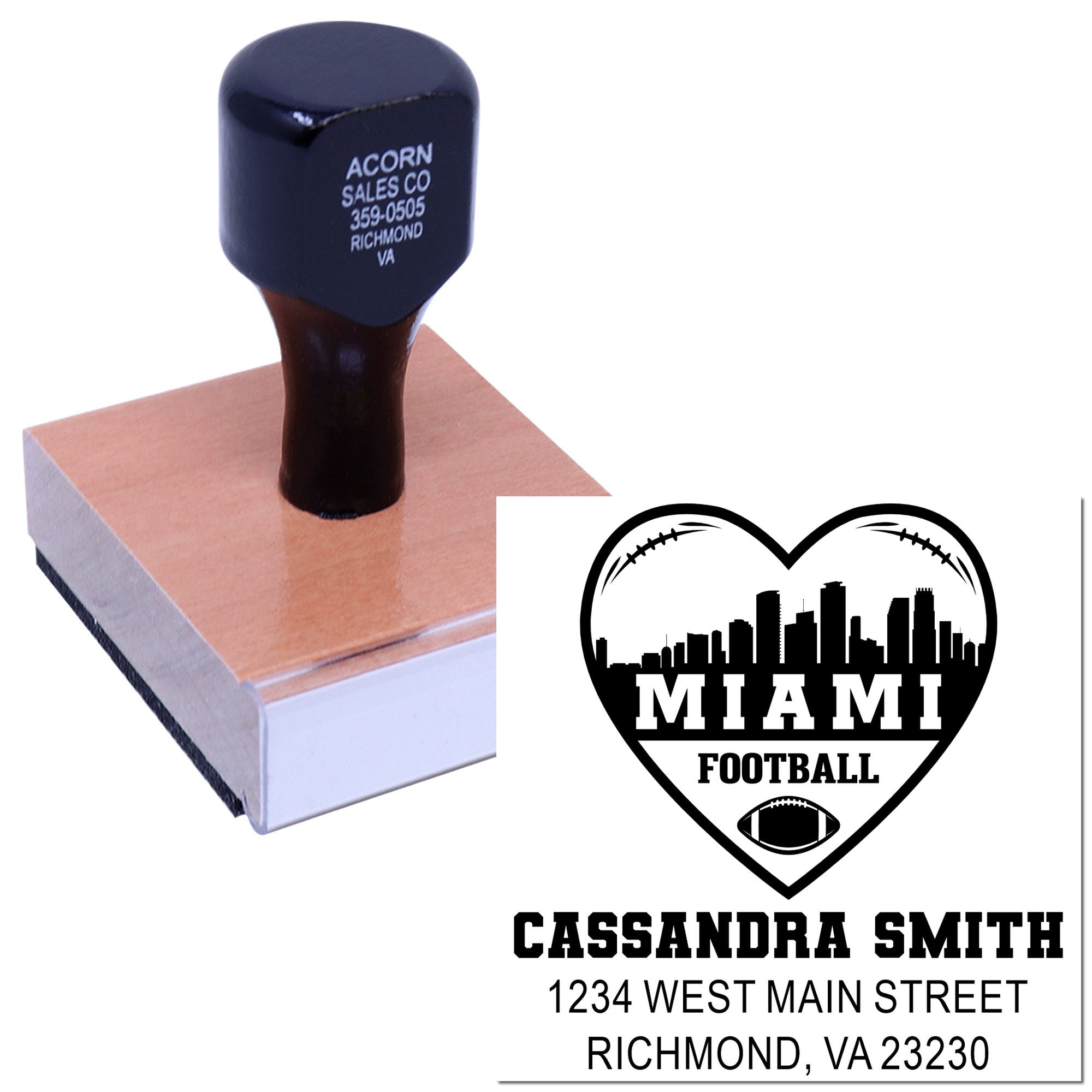 Custom rubber address stamp with Miami football logo, name, and address for personalized fan branding.
