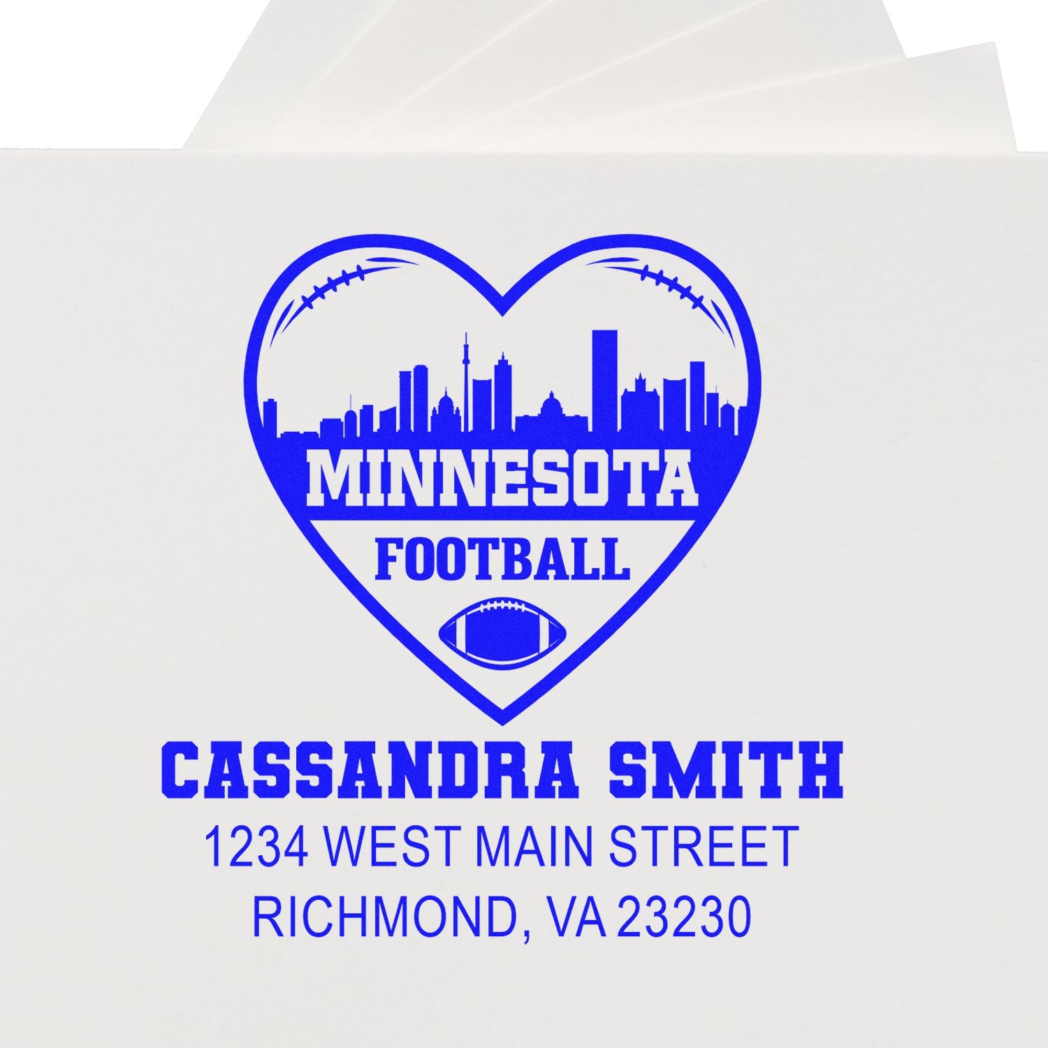Custom Minnesota Football rubber stamp with heart skyline logo, Cassandra Smith, and Richmond, VA address.