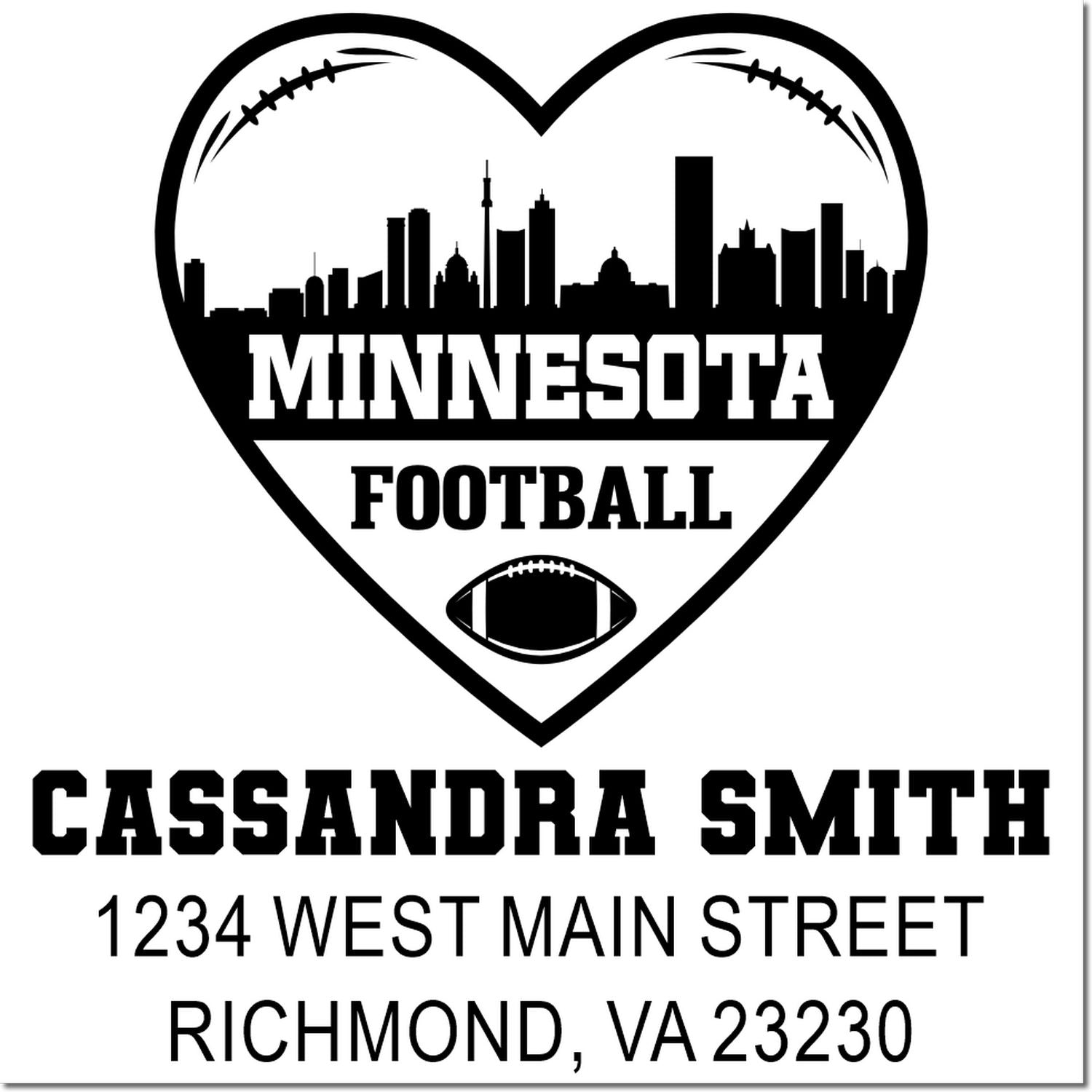Custom Minnesota football address rubber stamp with heart skyline, Cassandra Smith, 1234 West Main Street, Richmond, VA 23230.
