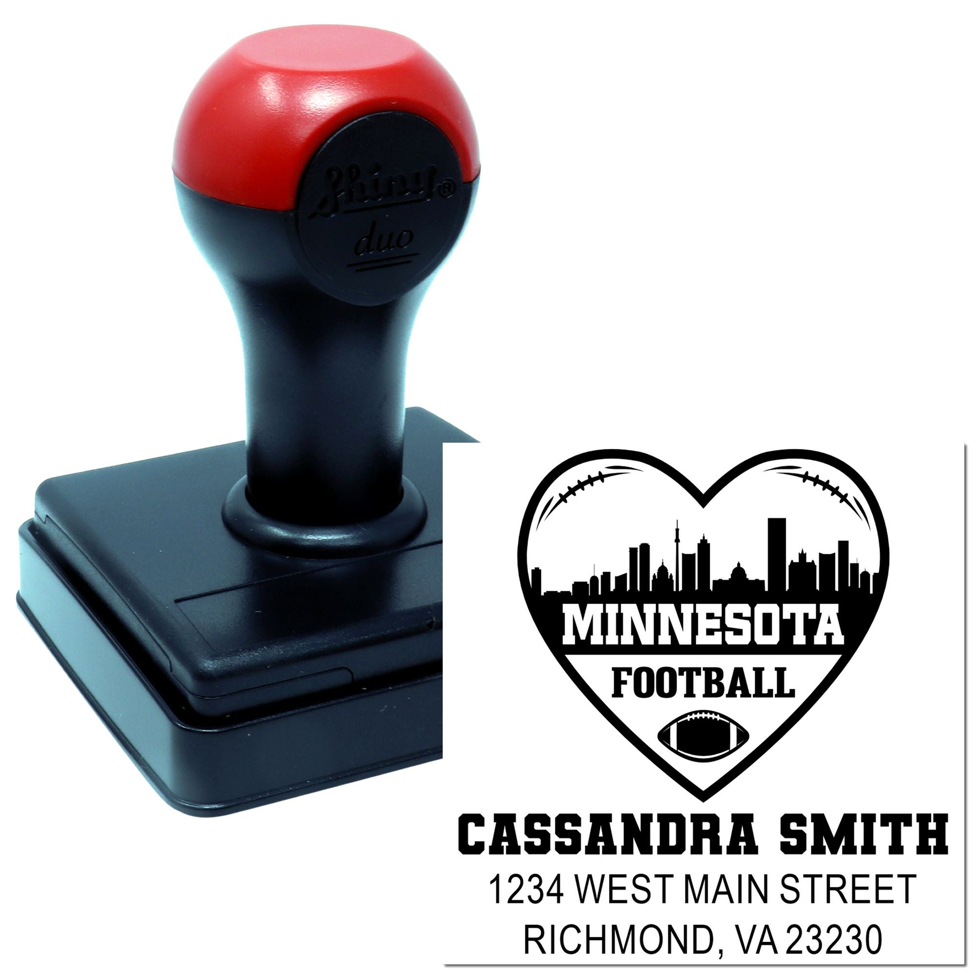Custom self-inking rubber stamp with Minnesota football heart logo, name, and address for fan mail or business branding.