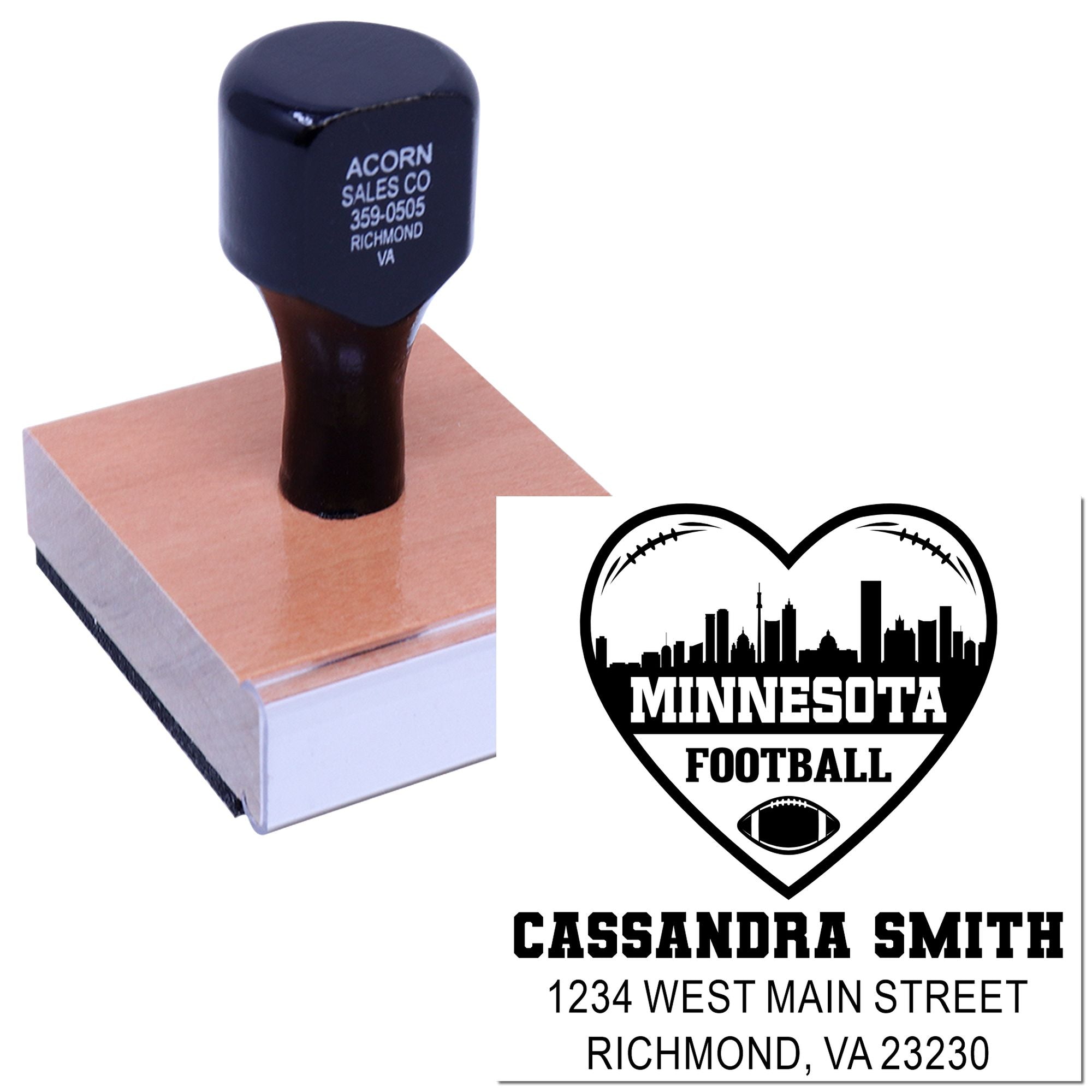 Custom rubber stamp with personalized Minnesota football heart design, name, and address for business or school branding.
