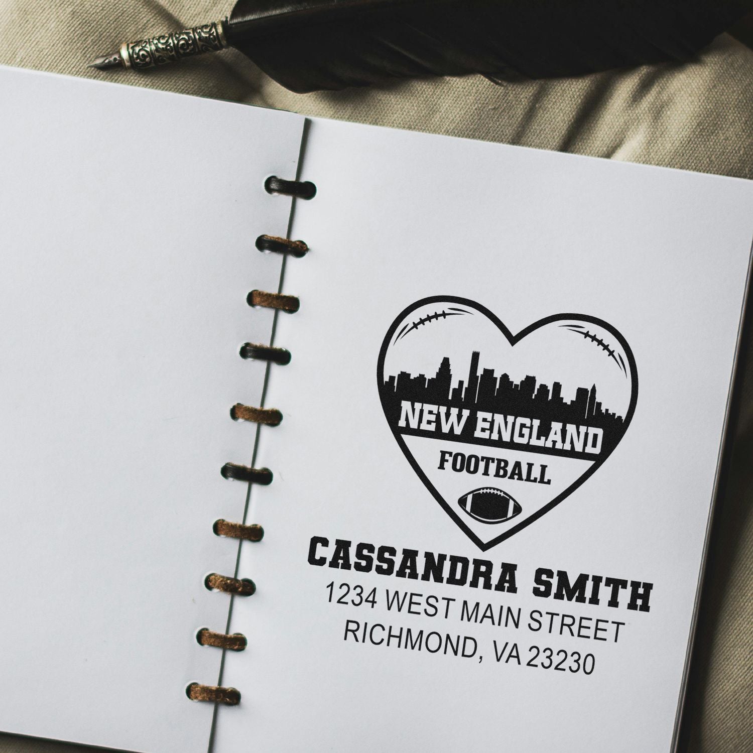 Custom rubber stamp for New England football fans with name, address, and heart skyline design for personalized stationery.