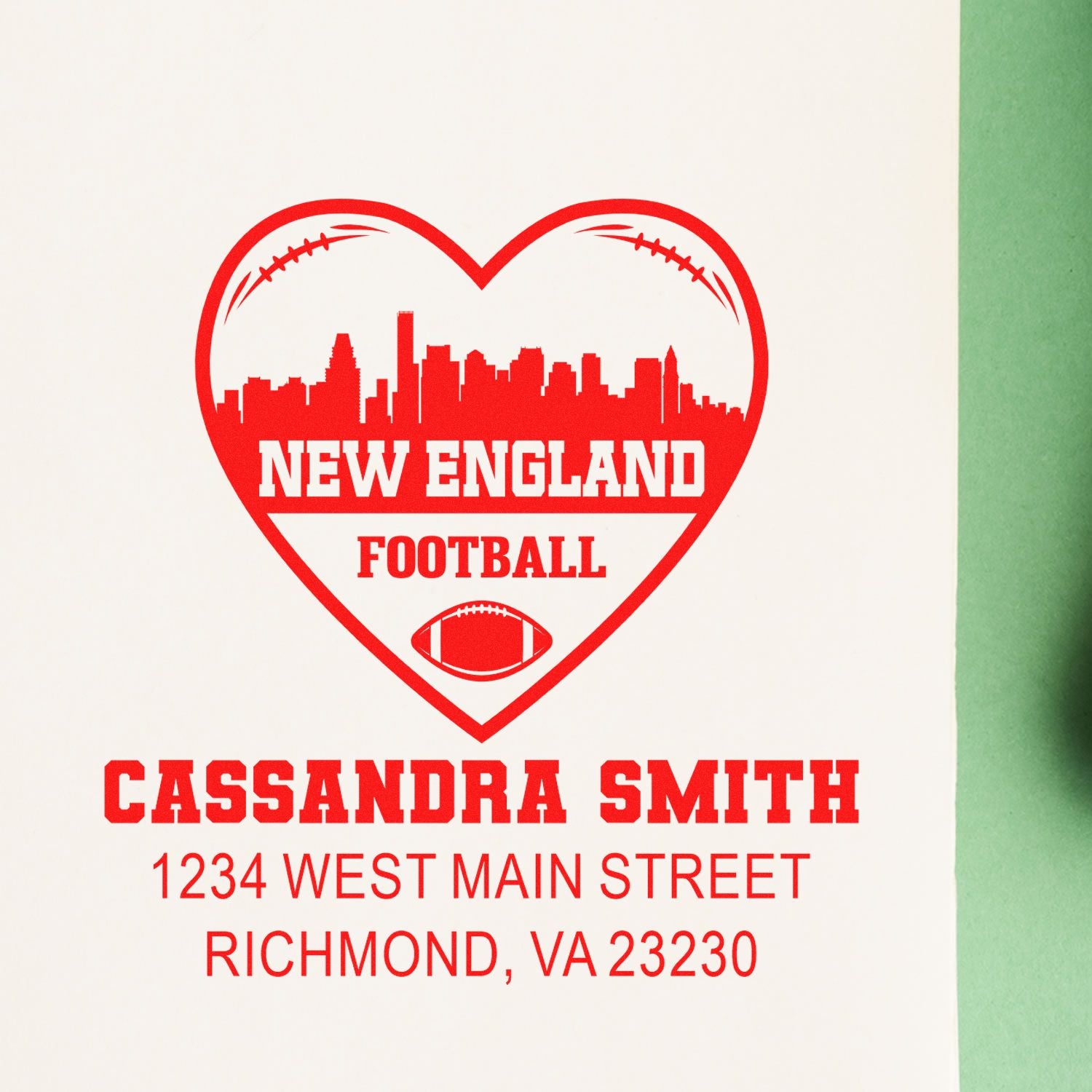 Personalized New England football rubber stamp with heart skyline design, name, and address for custom stationery.
