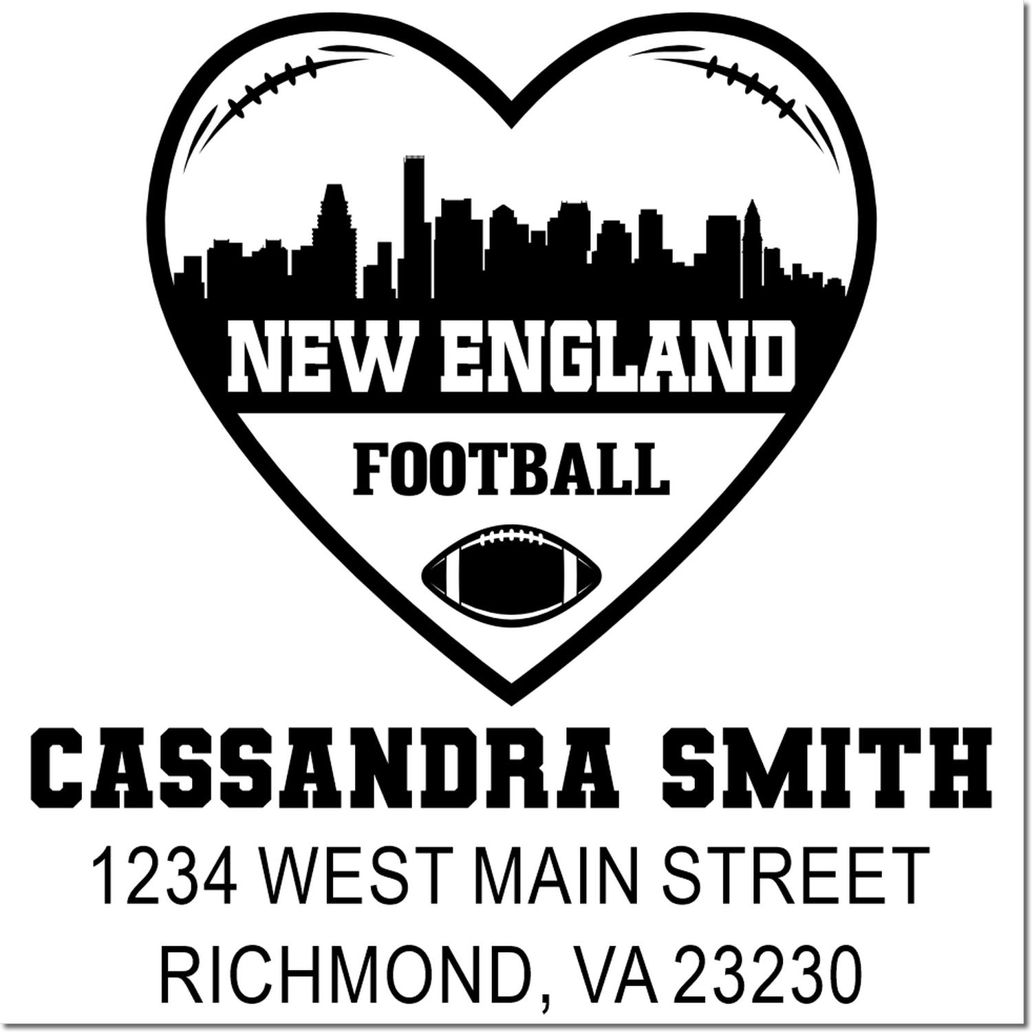 Custom New England football address rubber stamp with heart skyline, personalized for Cassandra Smith in Richmond, VA.