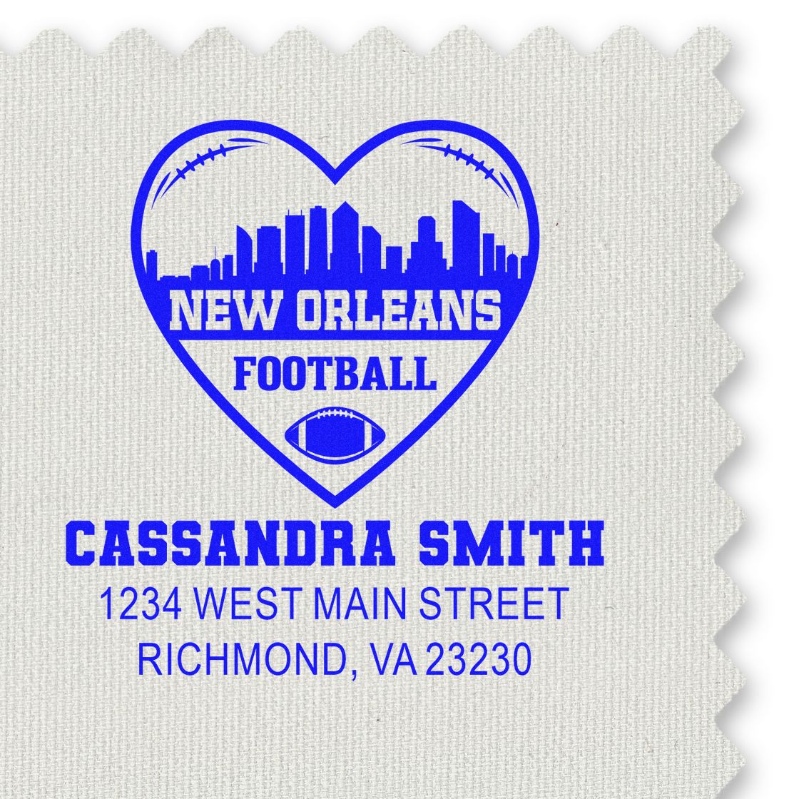 Custom personalized rubber stamp with New Orleans football heart logo, Cassandra Smith name, and Richmond, VA address.