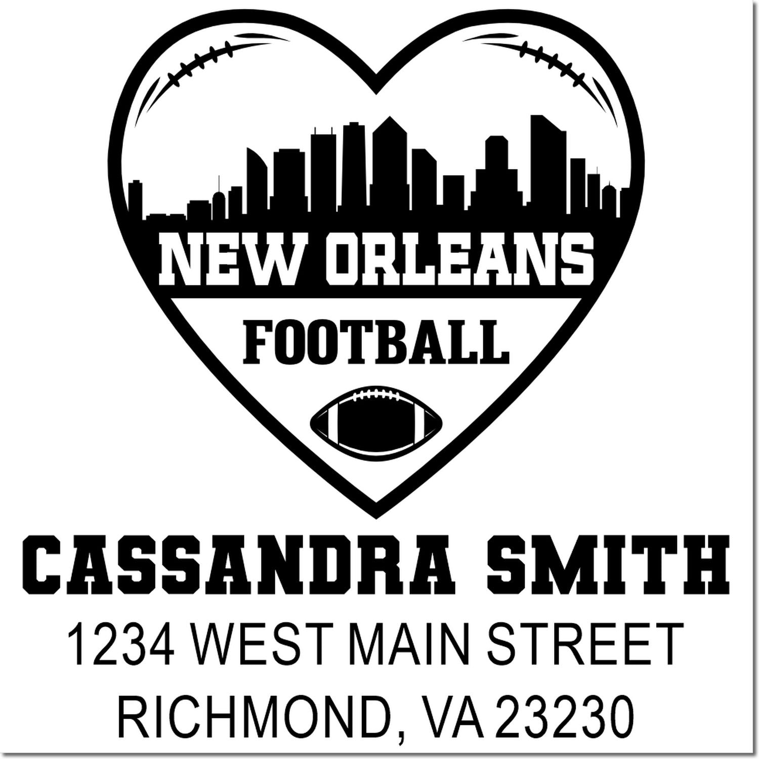 Personalized New Orleans football rubber stamp with heart skyline, Cassandra Smith, and Richmond VA address.