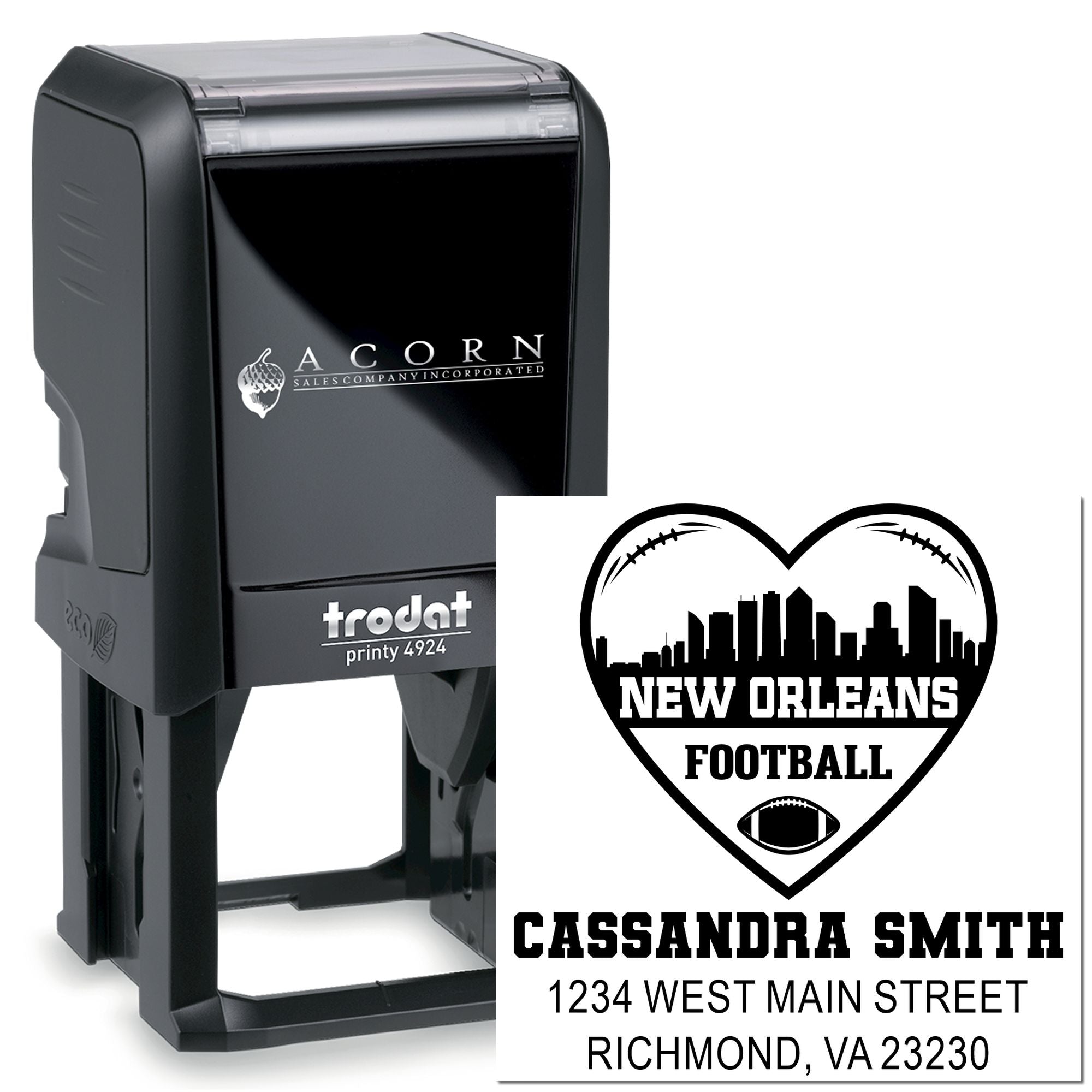 Custom Trodat Printy 4924 self-inking rubber stamp with New Orleans Football return address design for Cassandra Smith.