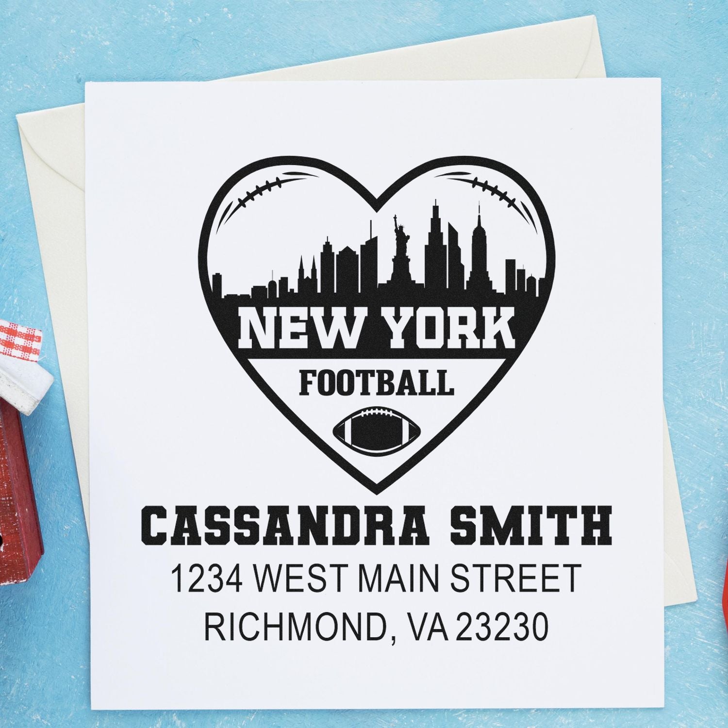 Custom New York football rubber stamp with skyline heart, personalized name, and return address for sports stationery.