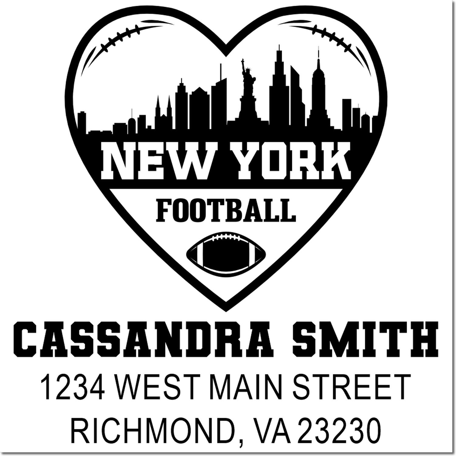 Custom New York football rubber stamp with skyline heart design, personalized name, and return address.