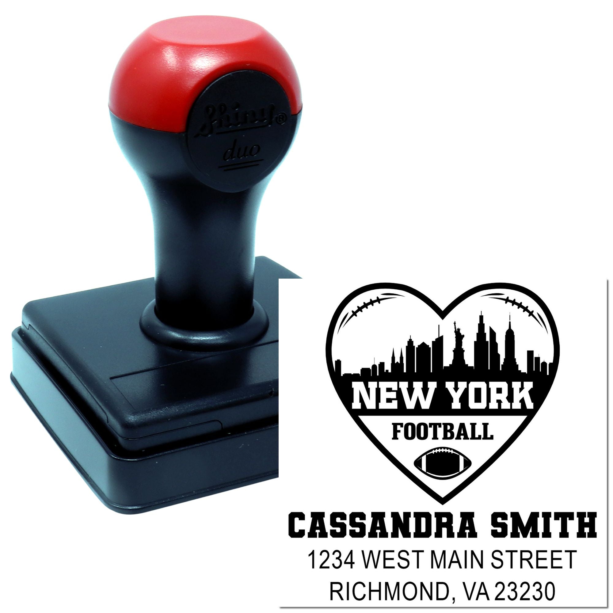 Custom self-inking rubber stamp with New York football heart logo, name, and address for personalized stationery or fan gifts.