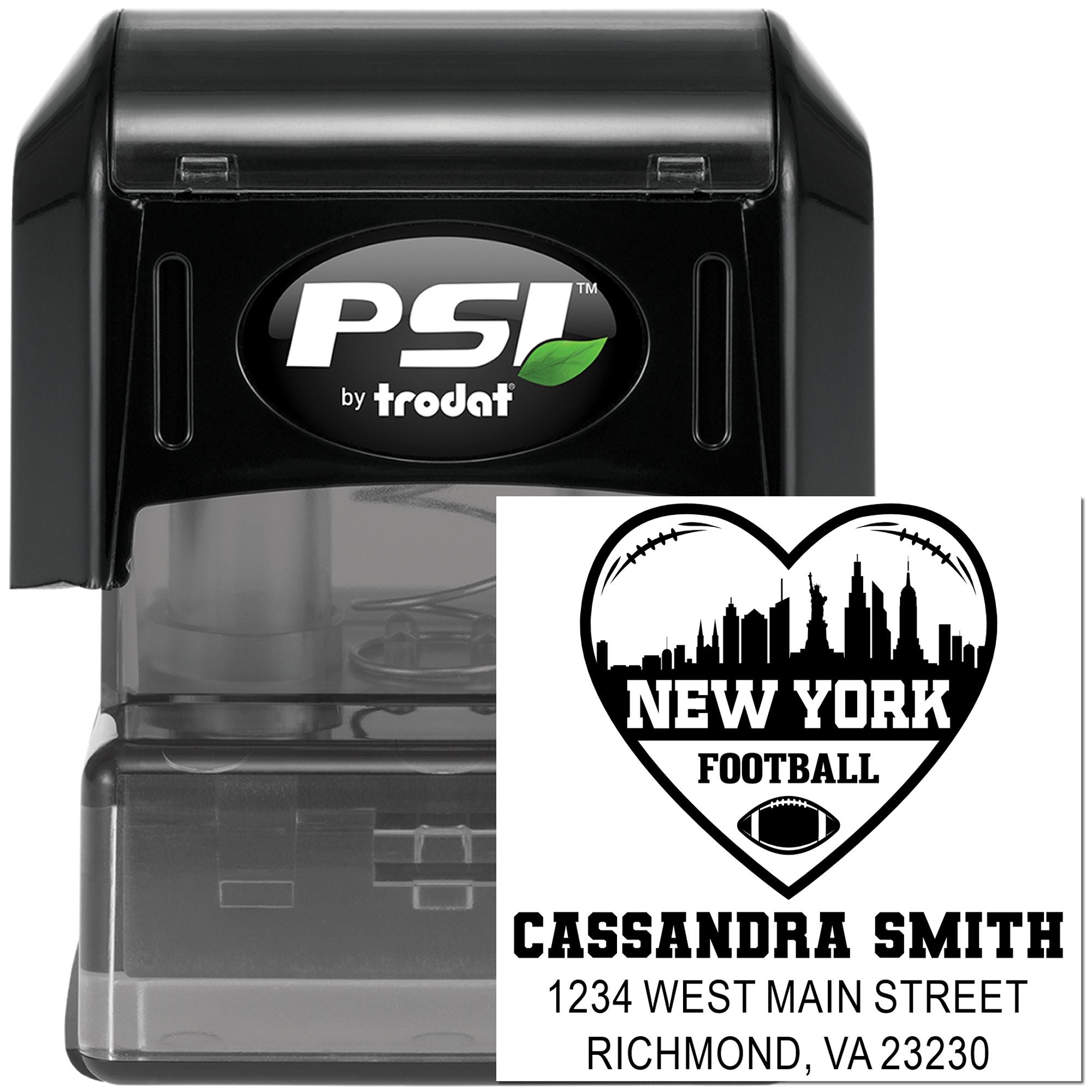 PSI by Trodat self-inking rubber stamp with custom New York Football return address design.