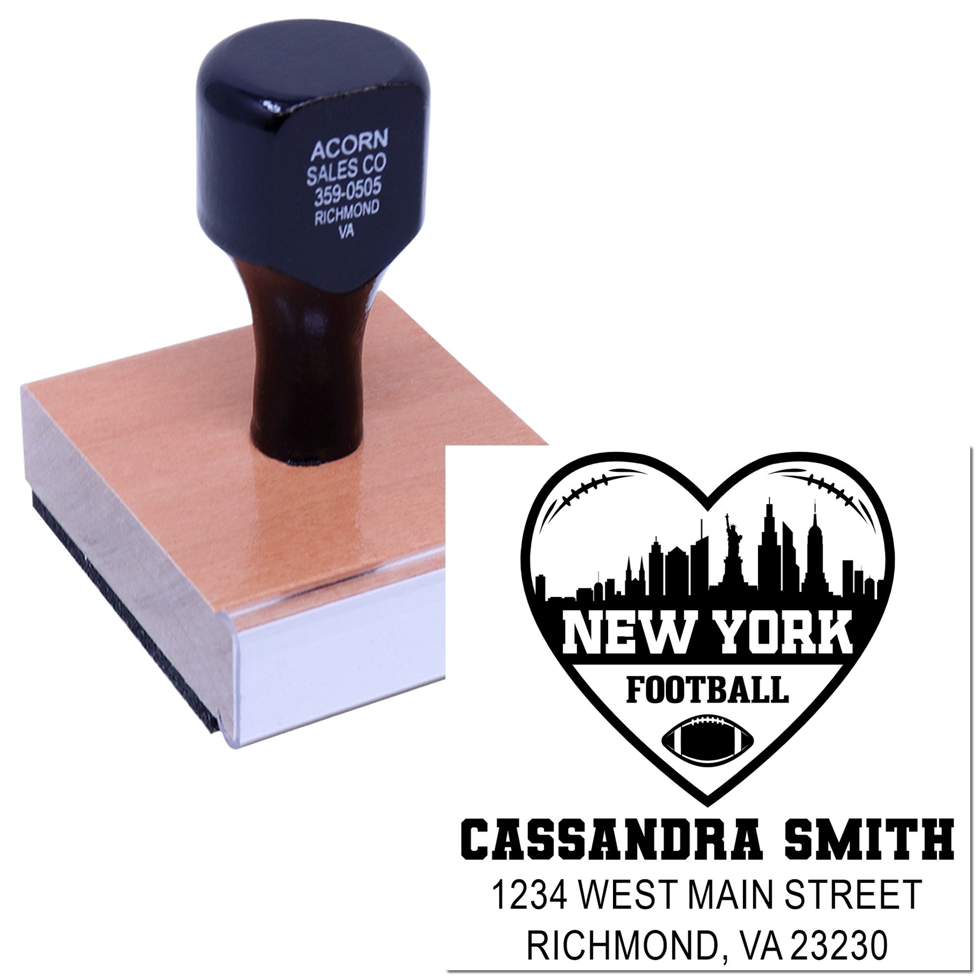 Custom rubber stamp featuring a New York football design with name and address for personalized address stamping.
