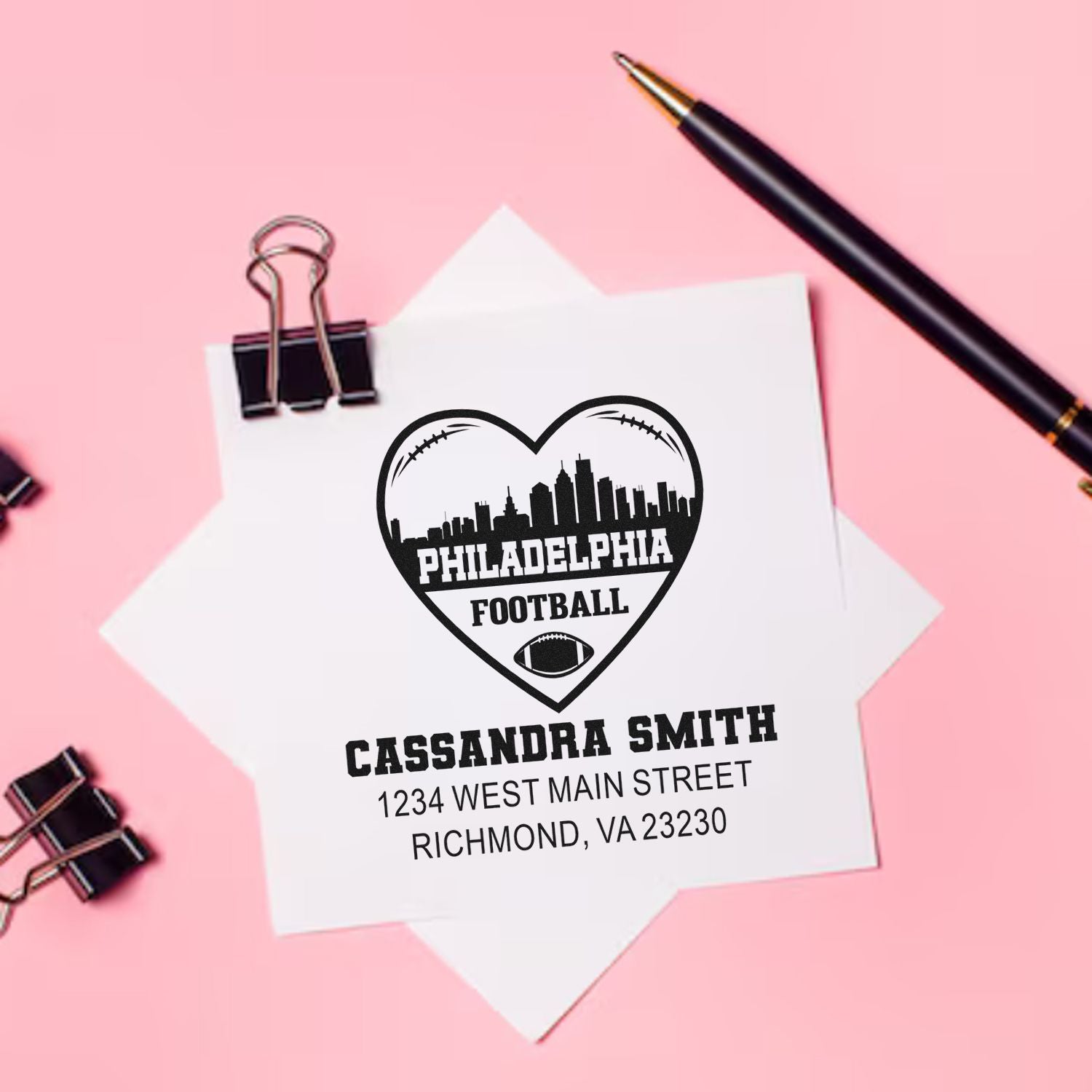 Custom Philadelphia football rubber stamp with heart skyline, Cassandra Smith name, and Richmond, VA return address.