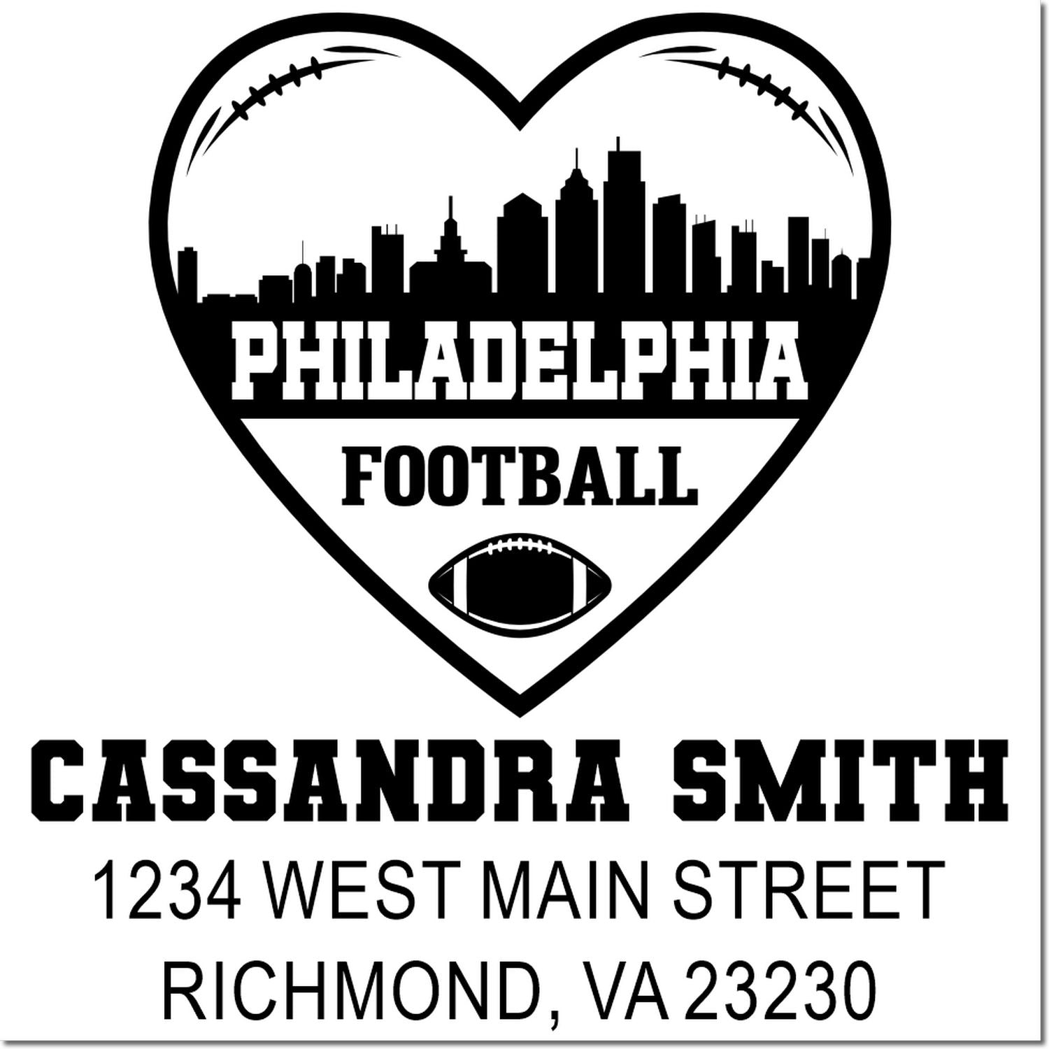 Personalized Philadelphia football return address stamp with heart skyline, Cassandra Smith, and Richmond, VA 23230.