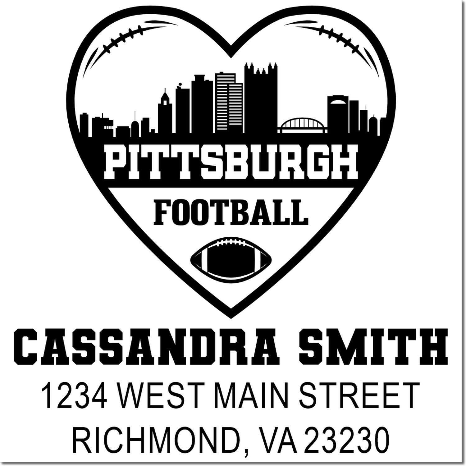 Custom Pittsburgh football rubber stamp with heart skyline, personalized name Cassandra Smith, and Richmond, VA address.