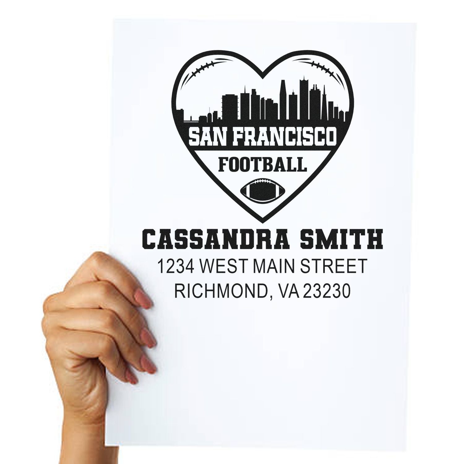 Personalized San Francisco football rubber stamp design with heart skyline, custom name, and address on paper mockup.