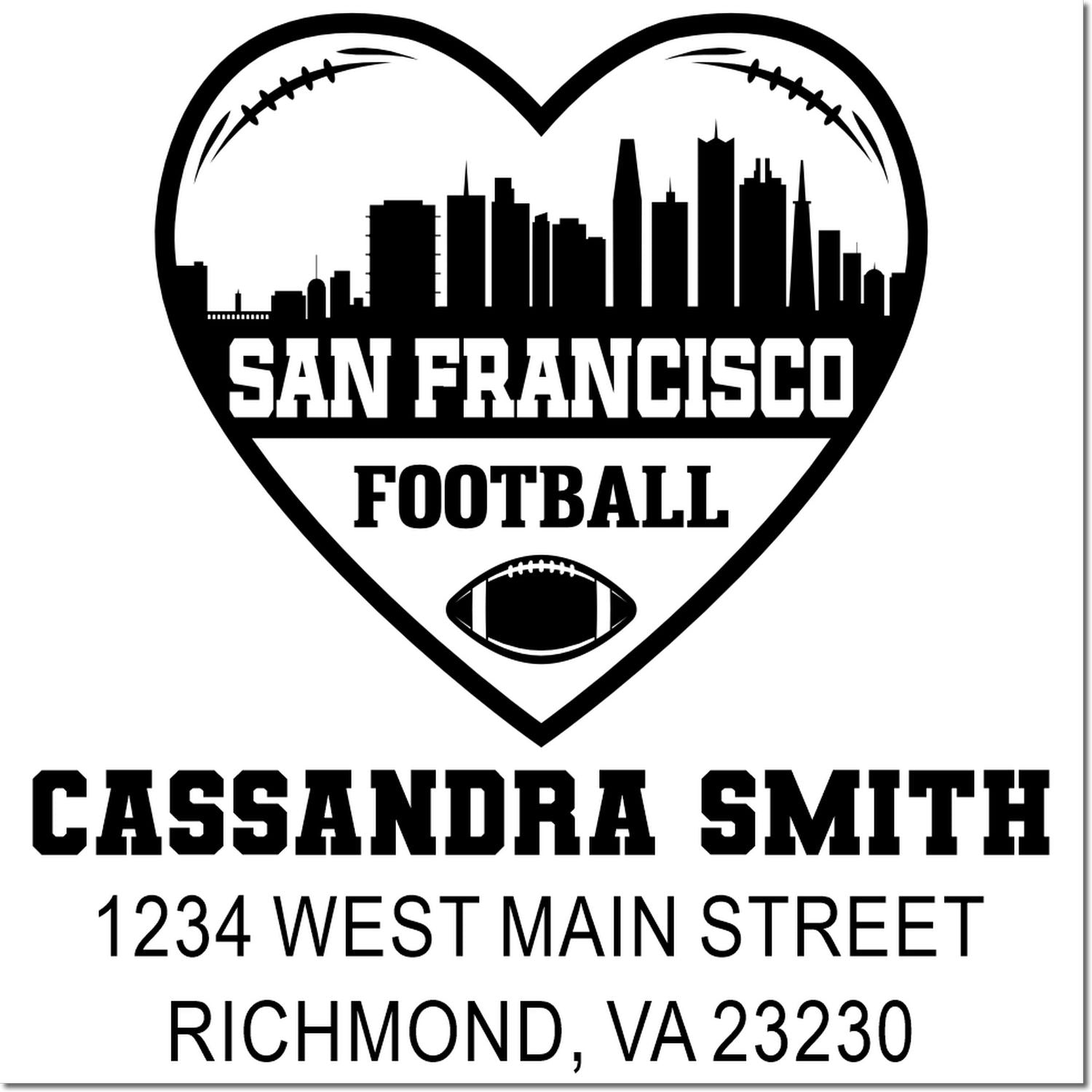 Custom San Francisco football rubber stamp with skyline heart, personalized return address for Cassandra Smith, Richmond VA.