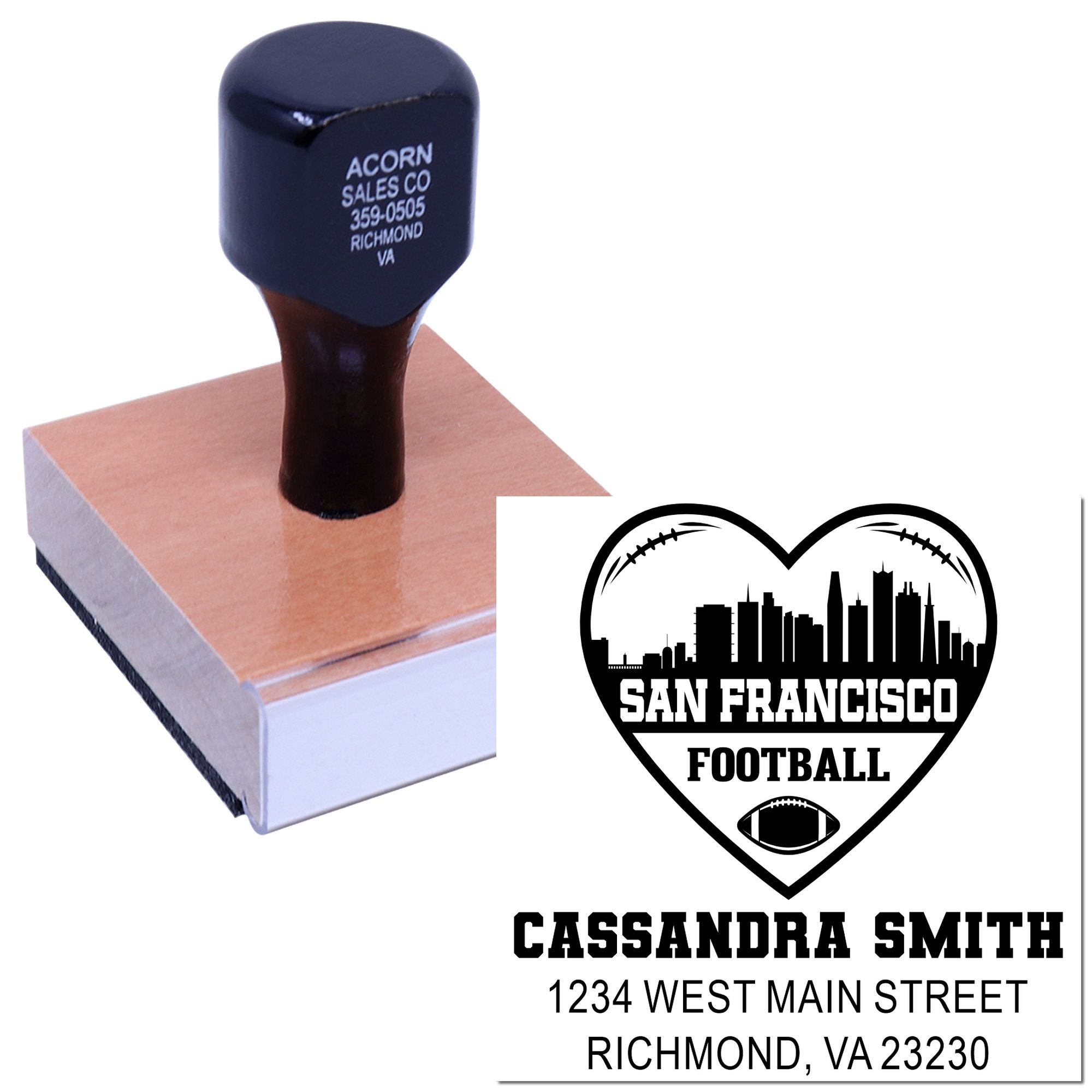 Custom wooden rubber stamp with San Francisco football logo, name, and address design proof