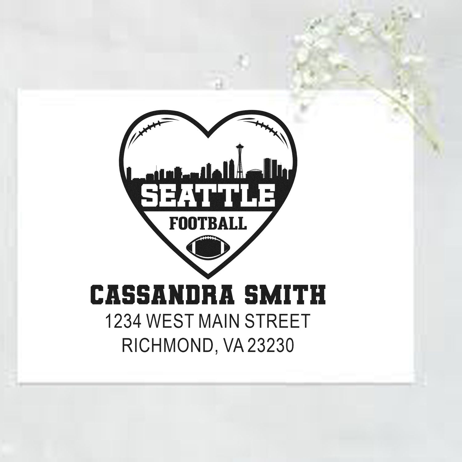 Custom Seattle football address rubber stamp with heart skyline, Cassandra Smith name, and Richmond, VA return address.