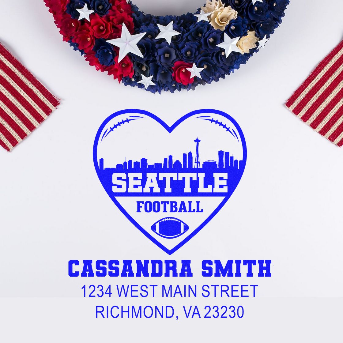 Custom Seattle football rubber stamp with heart skyline logo, Cassandra Smith name, and mailing address for personalized stationery.