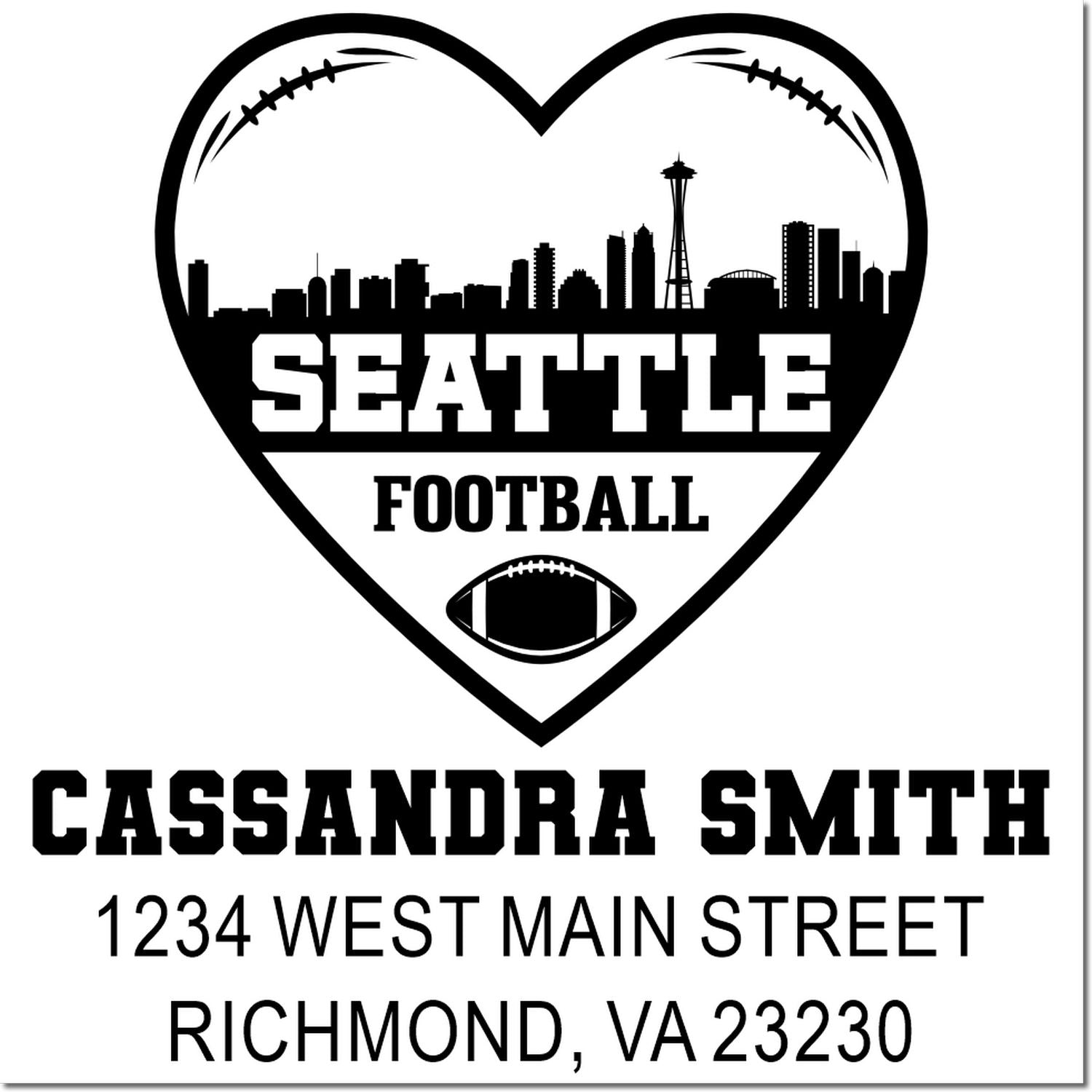Custom Seattle football rubber stamp with skyline heart, personalized name and address for fan stationery.