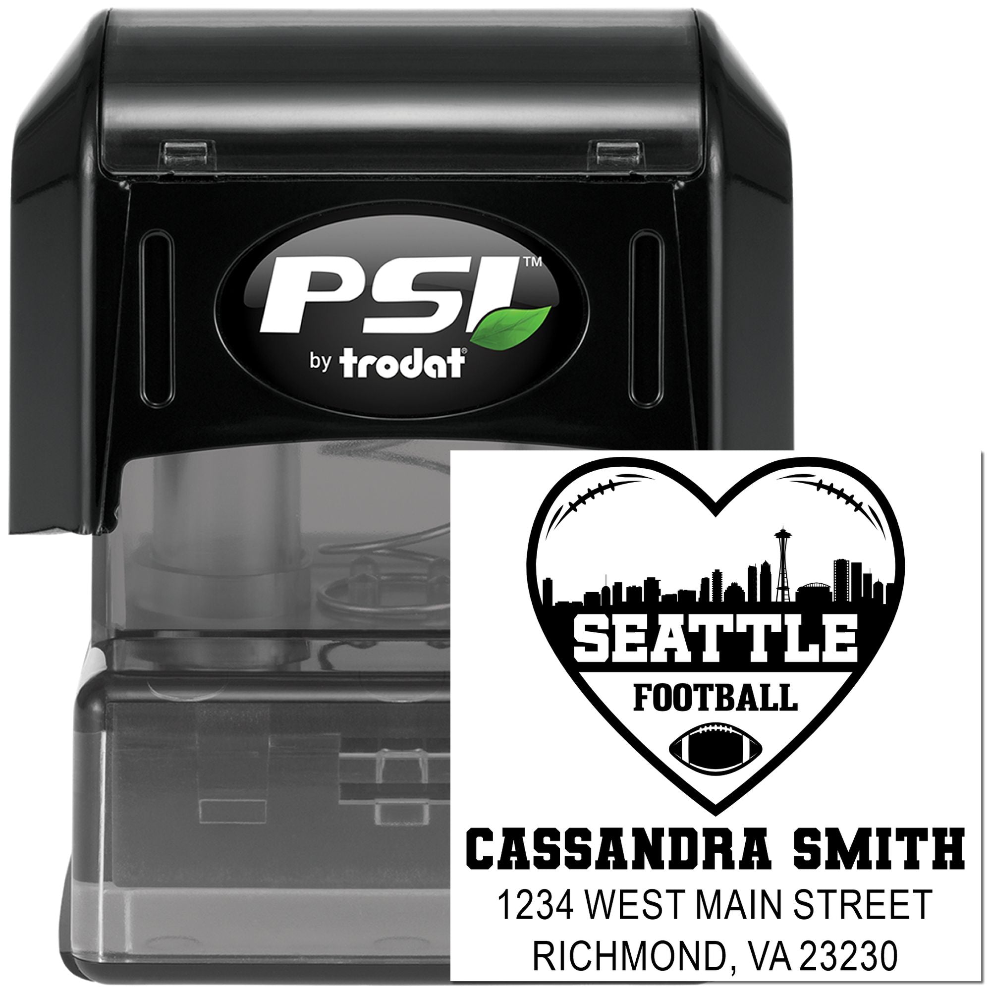 PSI by Trodat self-inking custom rubber stamp with Seattle football address design for personalized mailings.