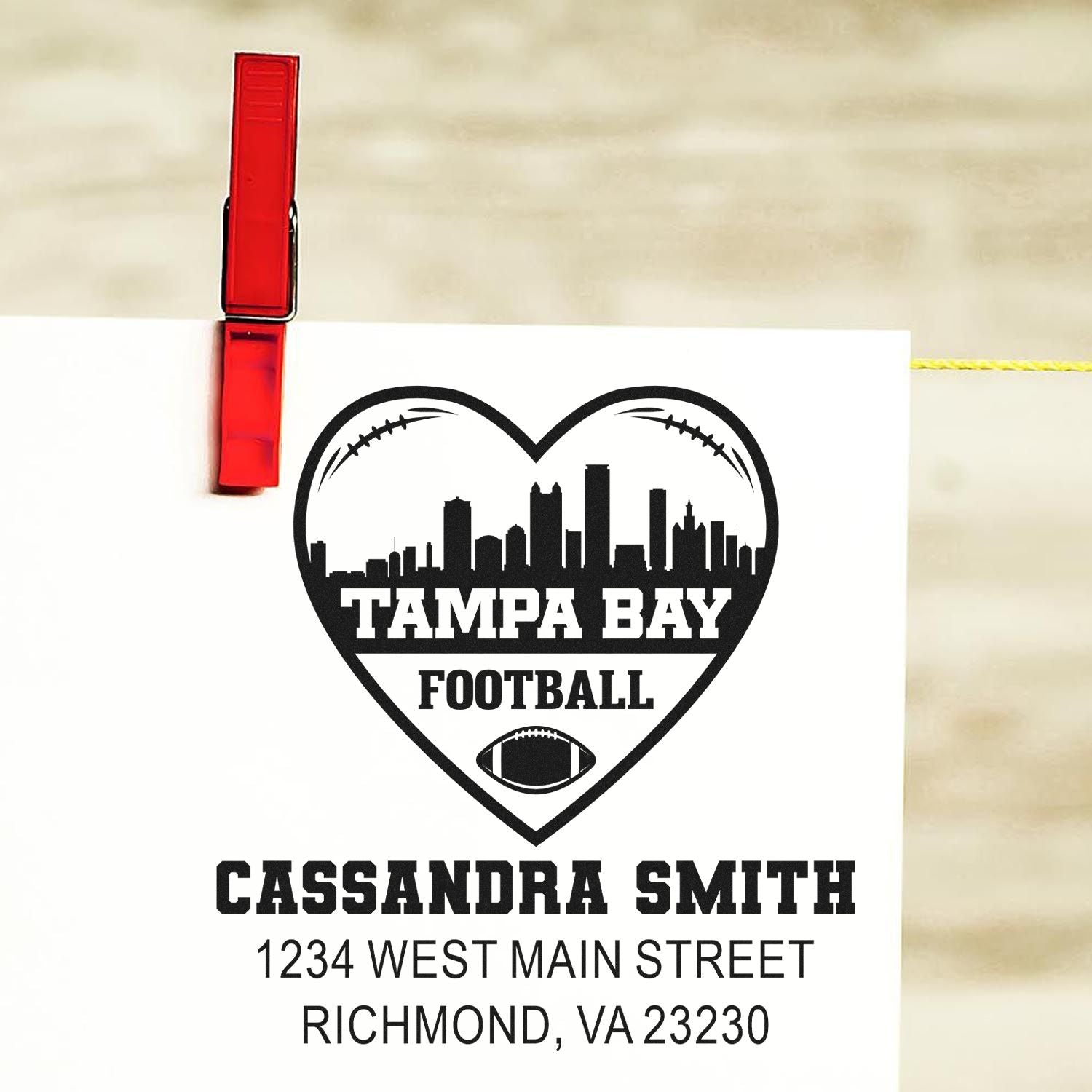 Personalized rubber stamp design with Tampa Bay Football heart skyline, Cassandra Smith name, and Richmond, VA address.