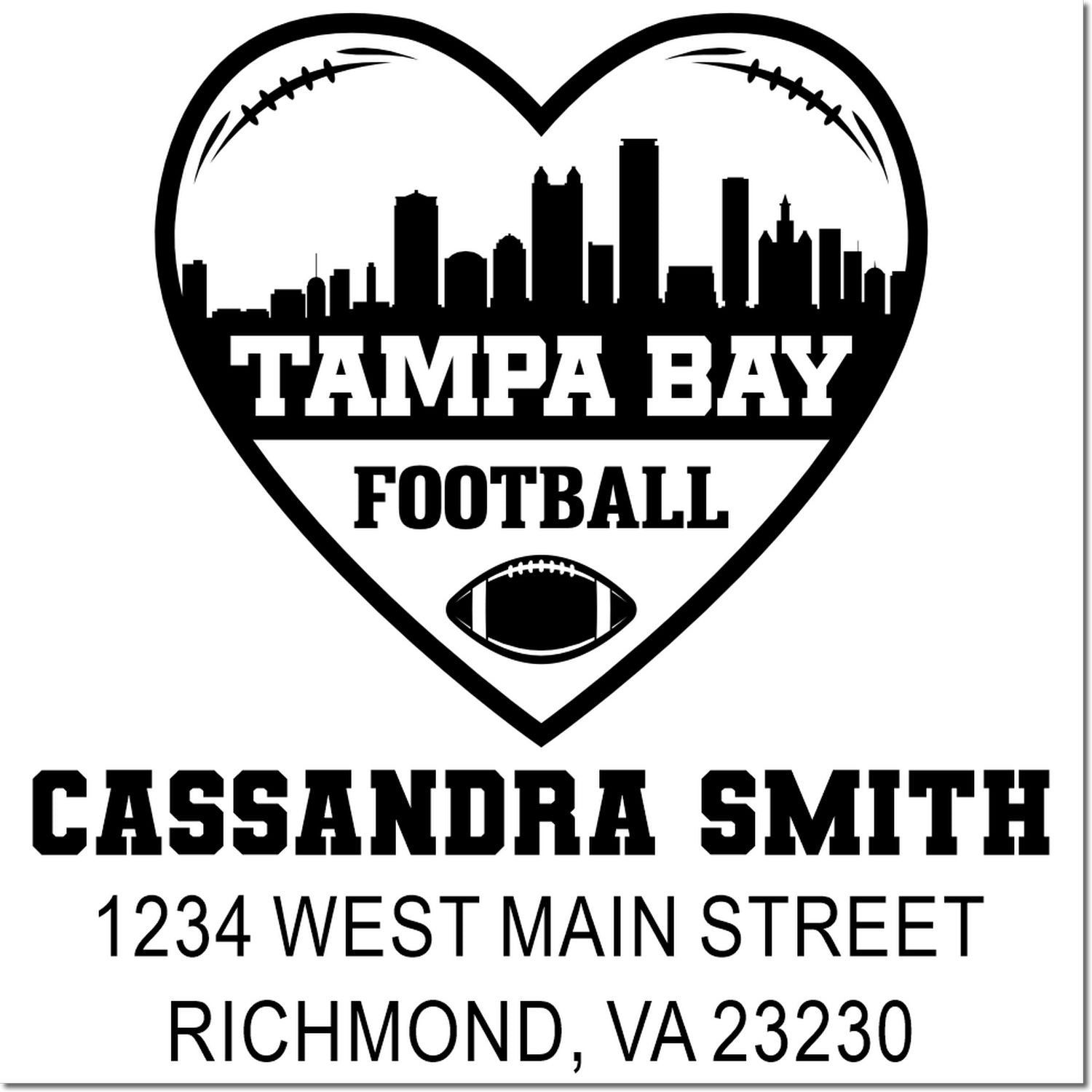 Personalized Tampa Bay football rubber stamp with heart skyline logo, Cassandra Smith, and Richmond, VA address.