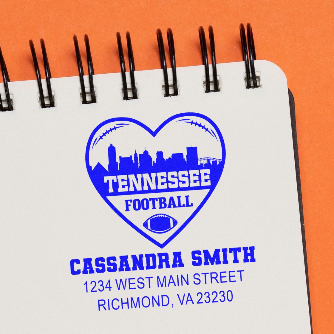 Custom Tennessee football heart logo return address rubber stamp for Cassandra Smith, Richmond, VA