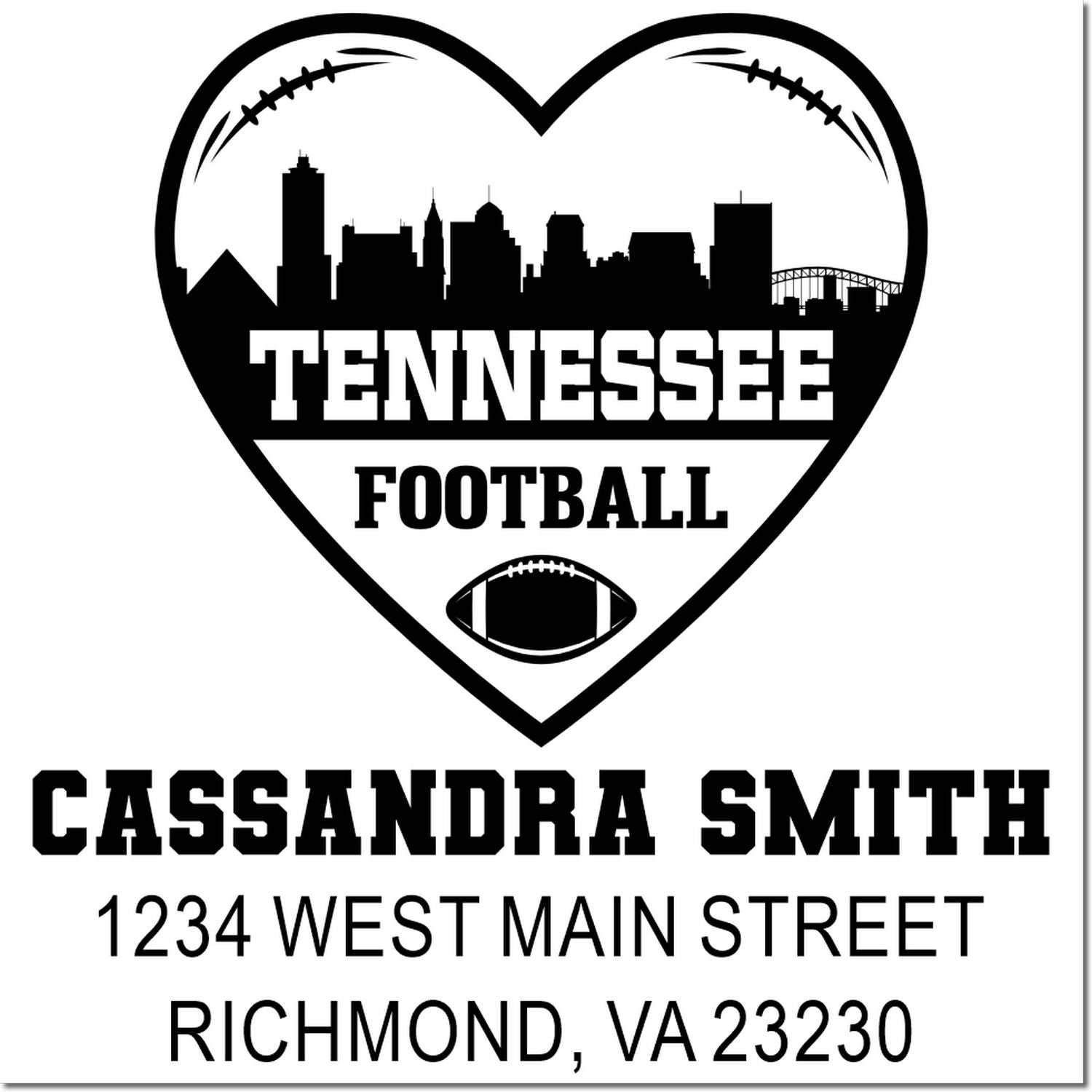 Custom Tennessee football rubber stamp with skyline heart, football icon, and personalized name and Richmond, VA address.