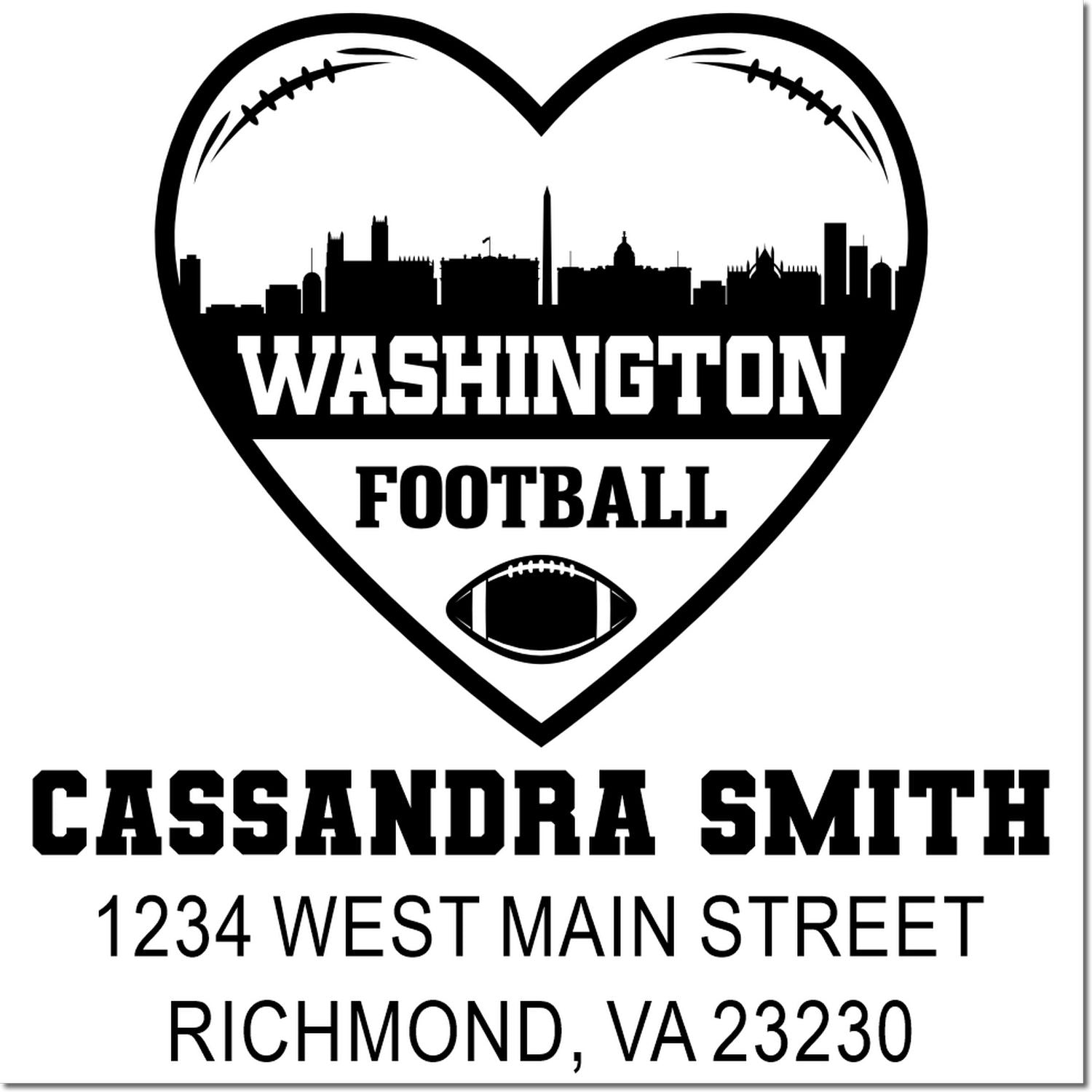 Custom Washington football heart rubber stamp with skyline, Cassandra Smith, Richmond, VA address.