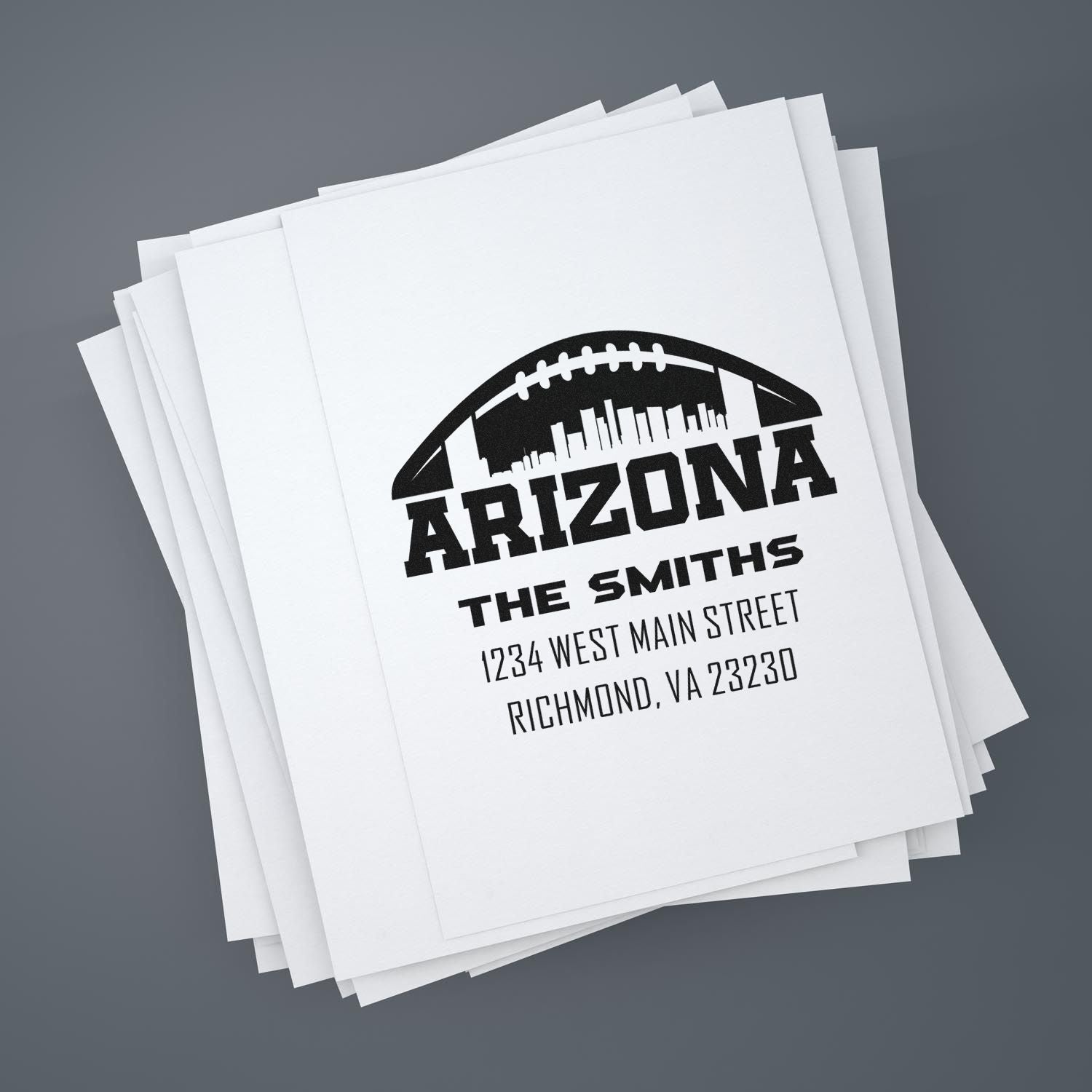 Custom Arizona return address rubber stamp for The Smiths with football logo, printed on stacked paper.
