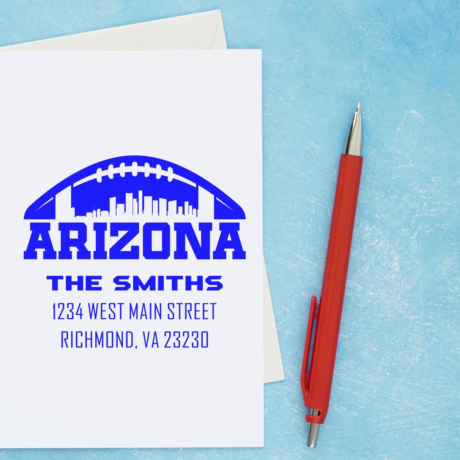Custom Arizona football return address rubber stamp for The Smiths with name, street address, and Richmond, VA details.
