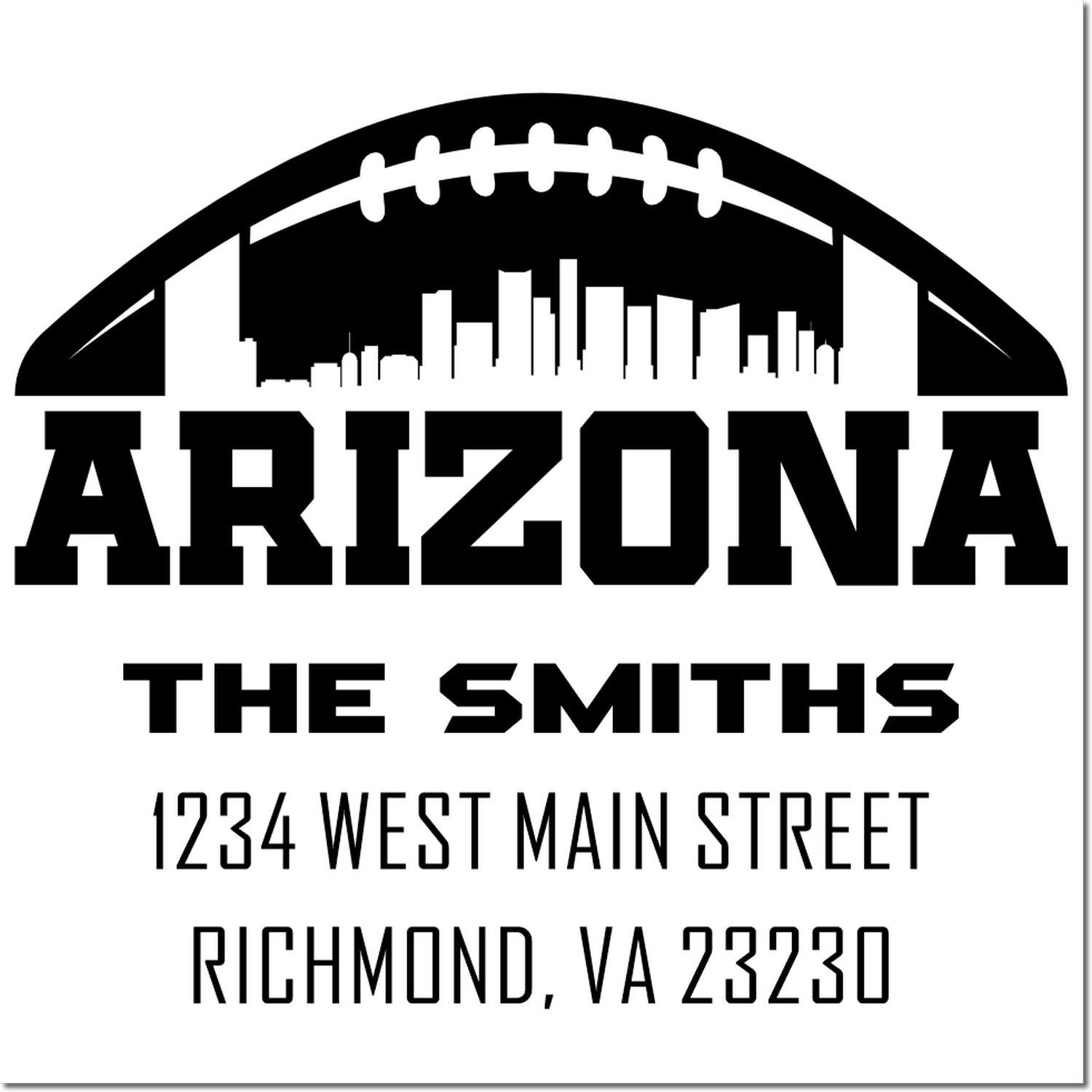 Custom Arizona rubber address stamp for The Smiths, 1234 West Main Street, Richmond, VA 23230, with football skyline design