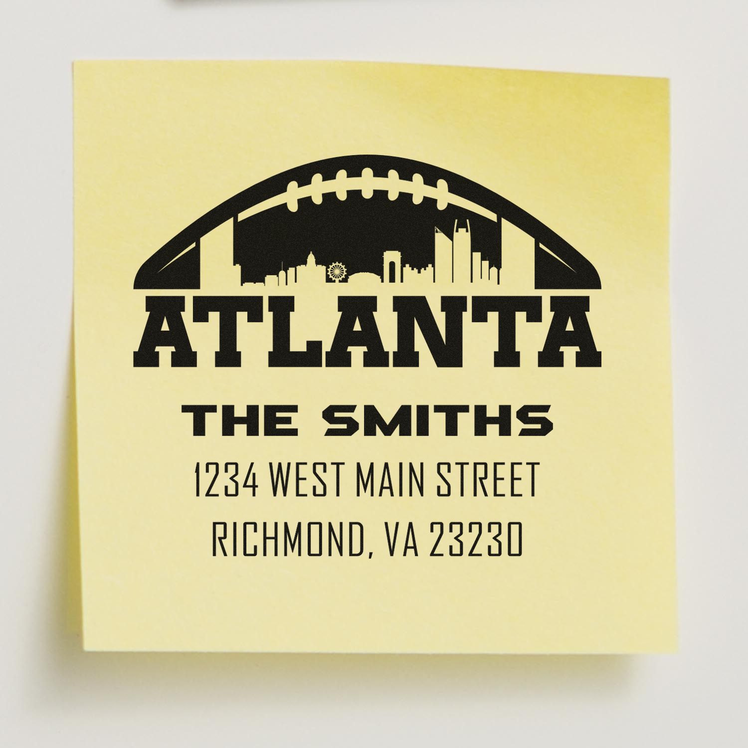 Custom Atlanta rubber address stamp with skyline and football design for The Smiths, Richmond, VA 23230.