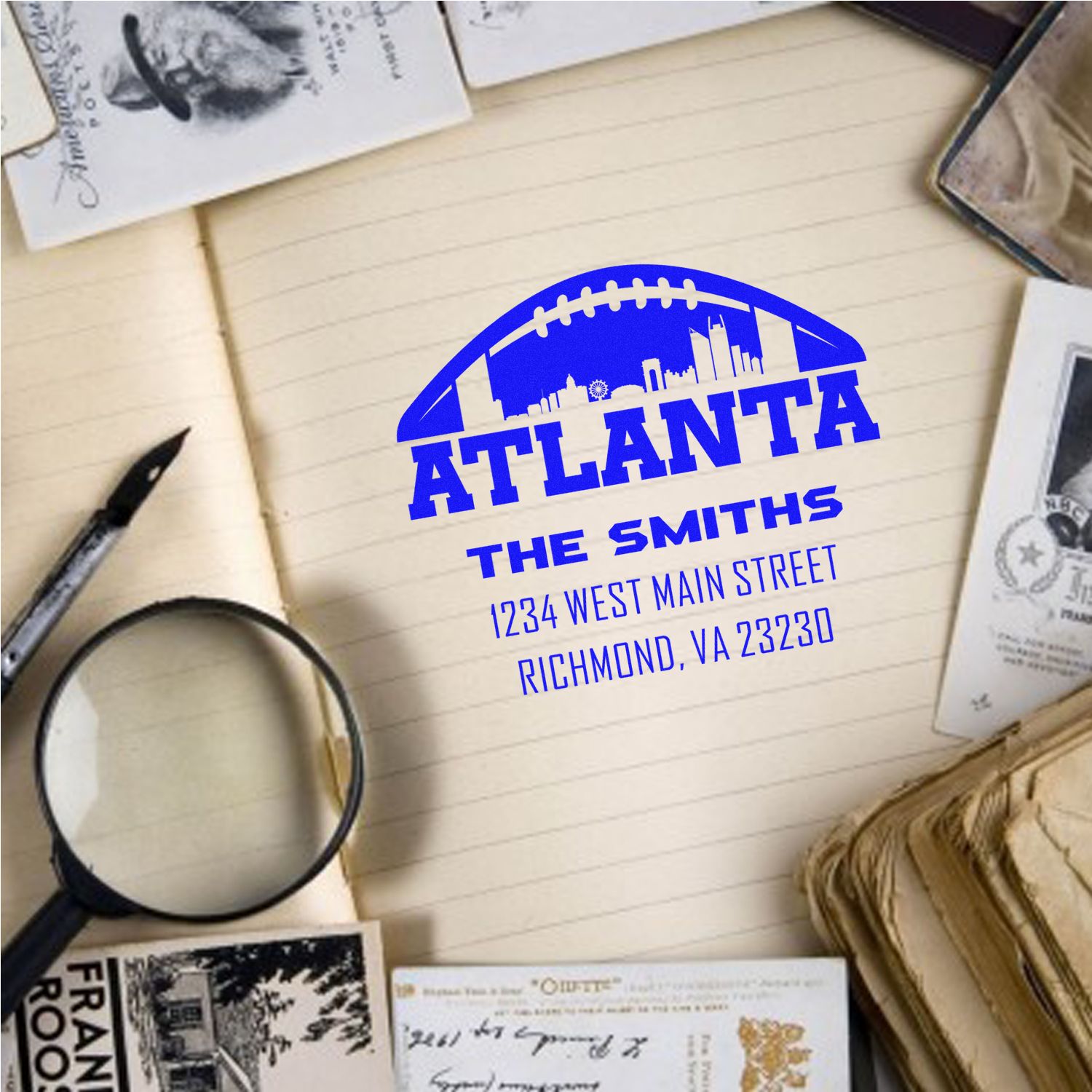 Custom Atlanta skyline return address rubber stamp with family name and mailing address for personalized envelopes.