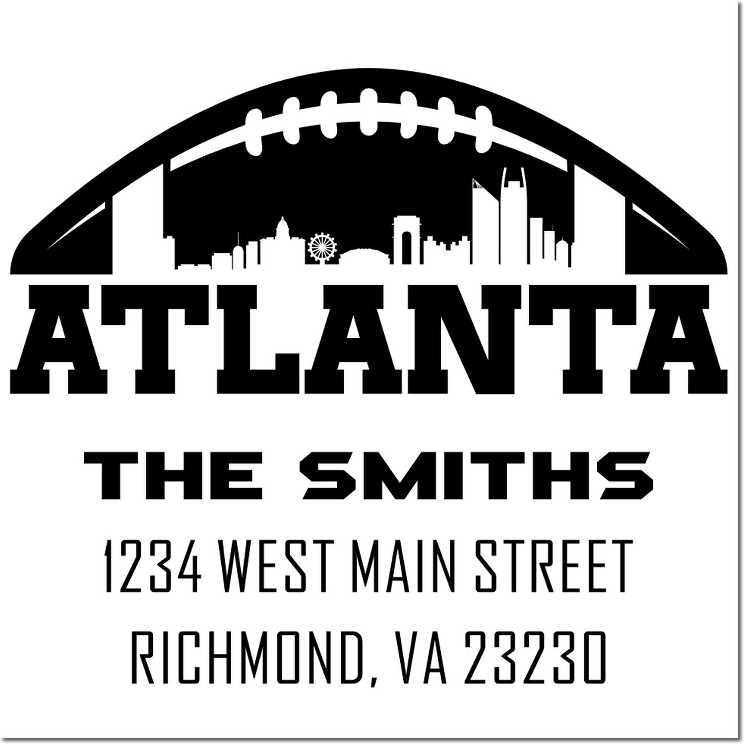 Custom Atlanta skyline football return address rubber stamp for The Smiths: 1234 West Main Street, Richmond, VA 23230.
