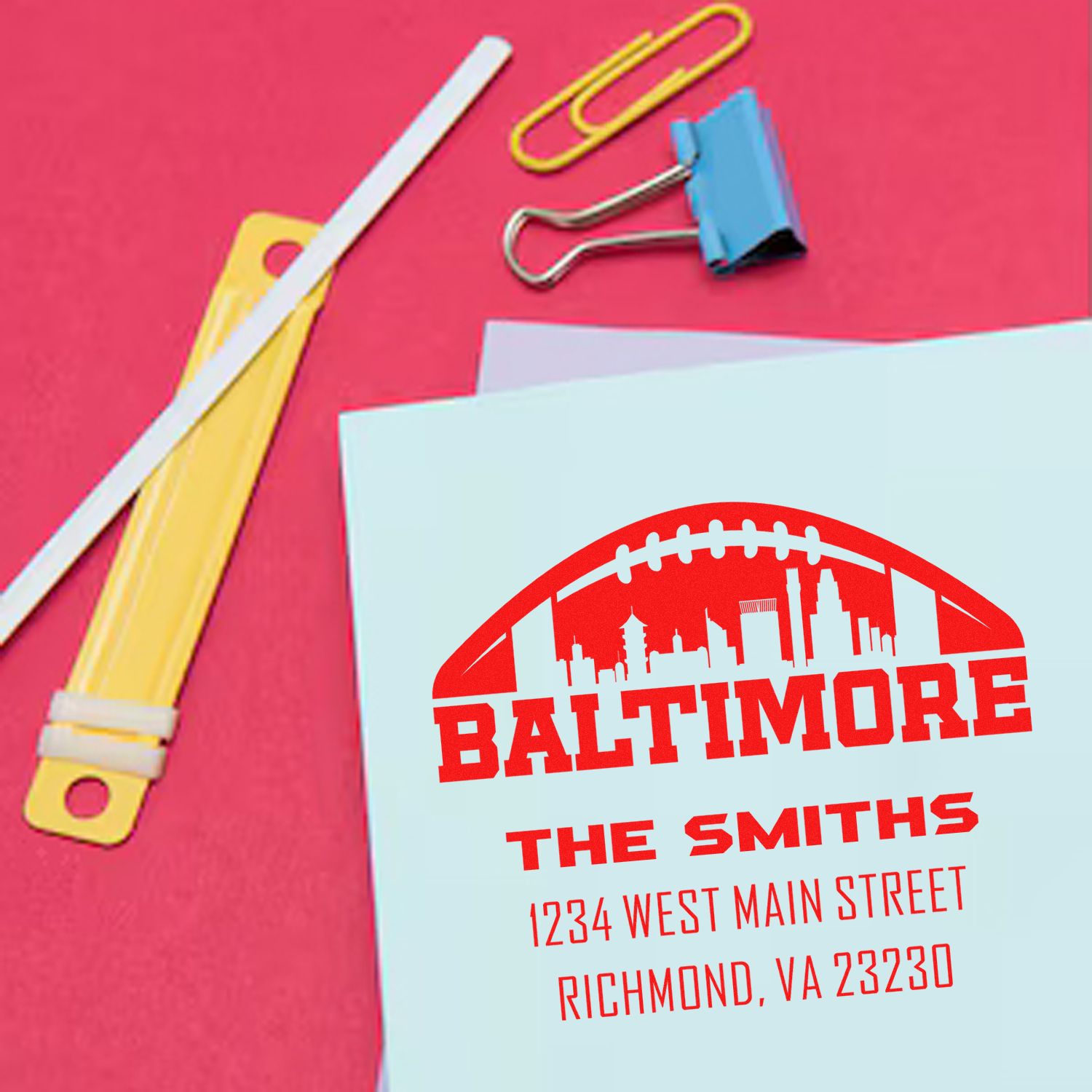 Personalized return address rubber stamp with Baltimore football skyline for The Smiths
