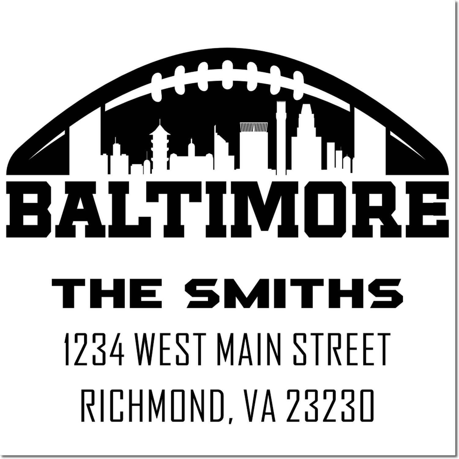 Custom Baltimore rubber stamp with football skyline logo and return address for The Smiths, 1234 West Main Street, Richmond, VA 23230.