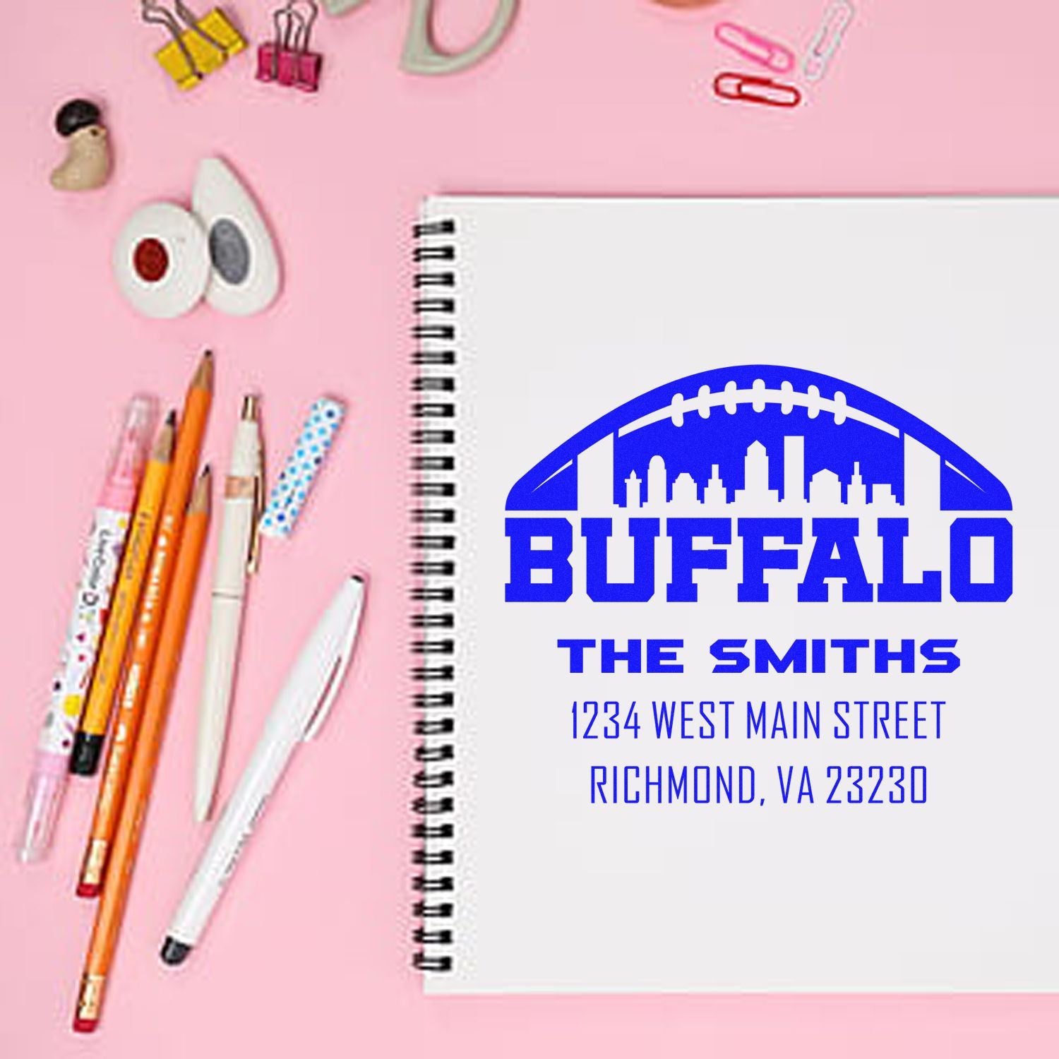 Custom Buffalo address rubber stamp impression on notebook, featuring The Smiths and Richmond, VA mailing details.