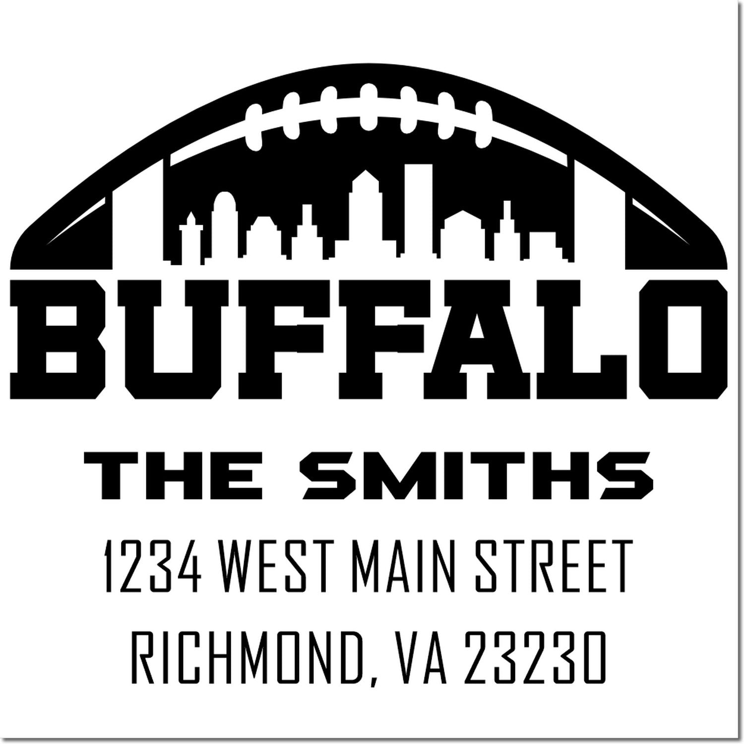 Buffalo football skyline address rubber stamp for The Smiths, with West Main Street, Richmond VA 23230.