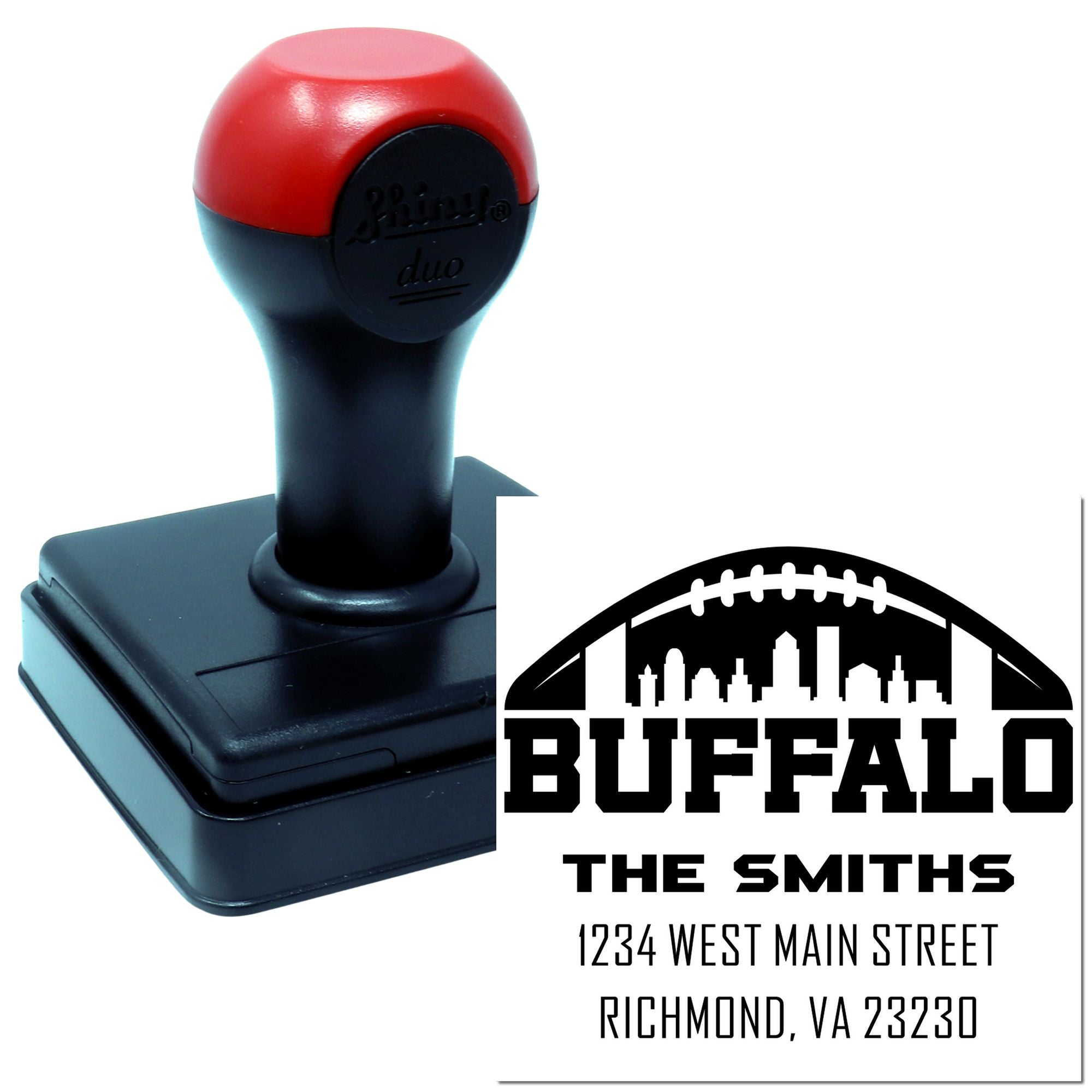 Custom self-inking rubber address stamp with Buffalo football logo, family name, and return address imprint