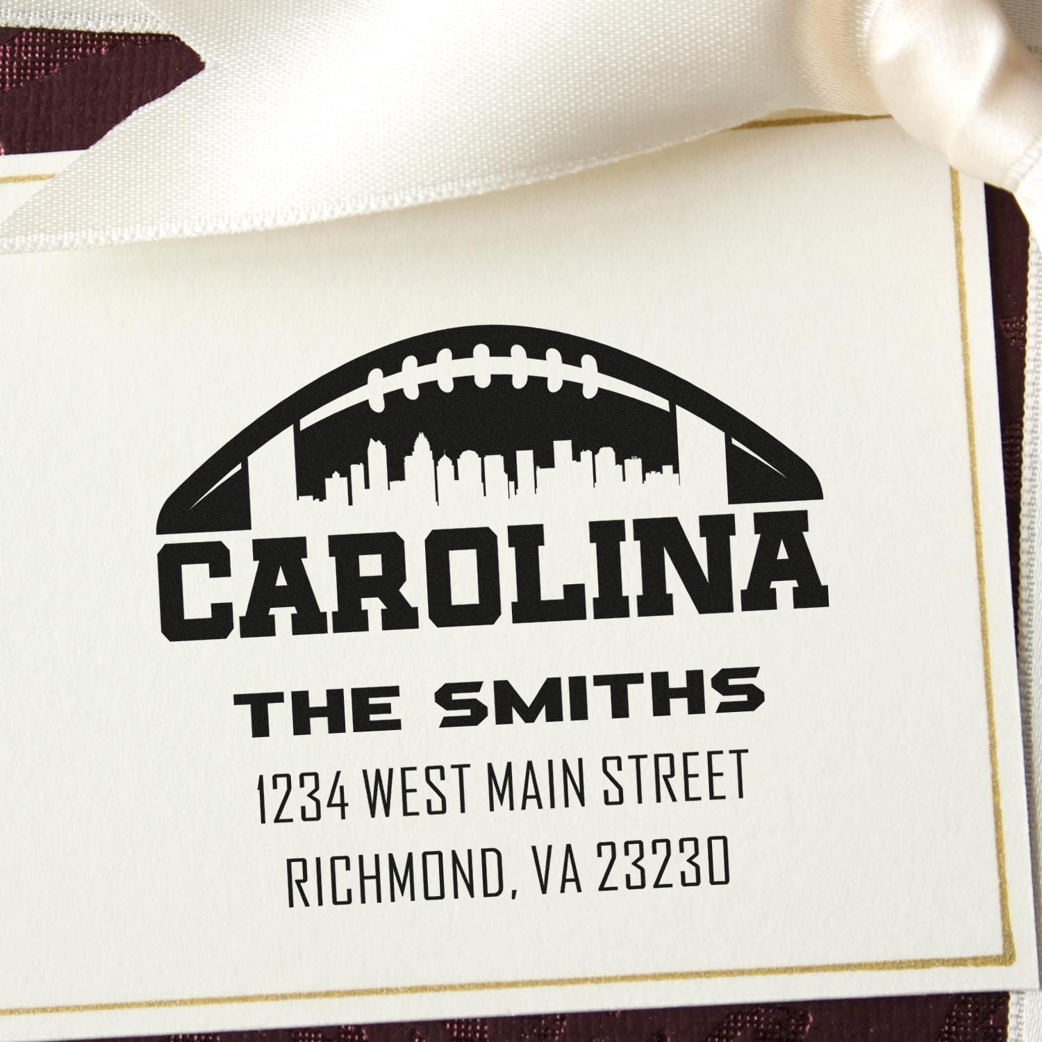 Custom Carolina football return address rubber stamp for The Smiths wedding invitations, Richmond VA