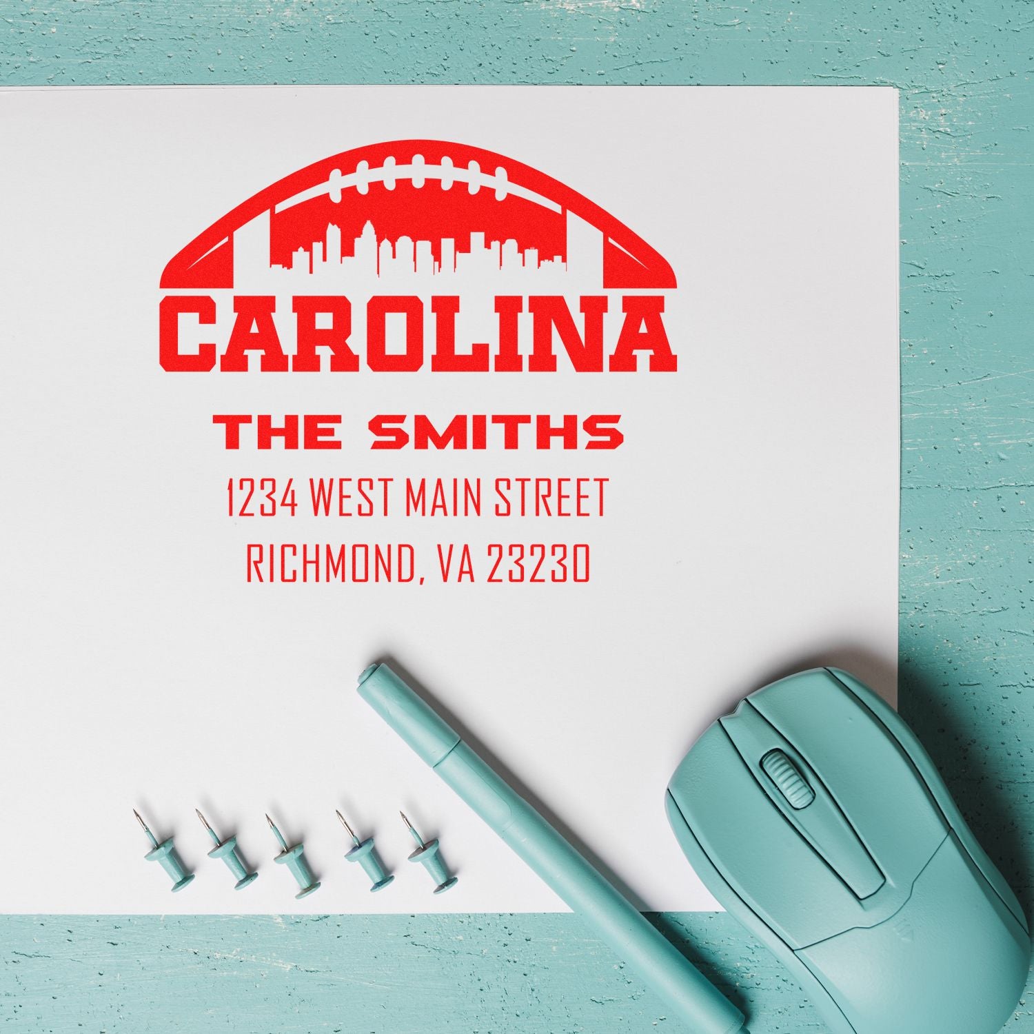 Custom football return address rubber stamp for Carolina The Smiths, Richmond, VA 23230.