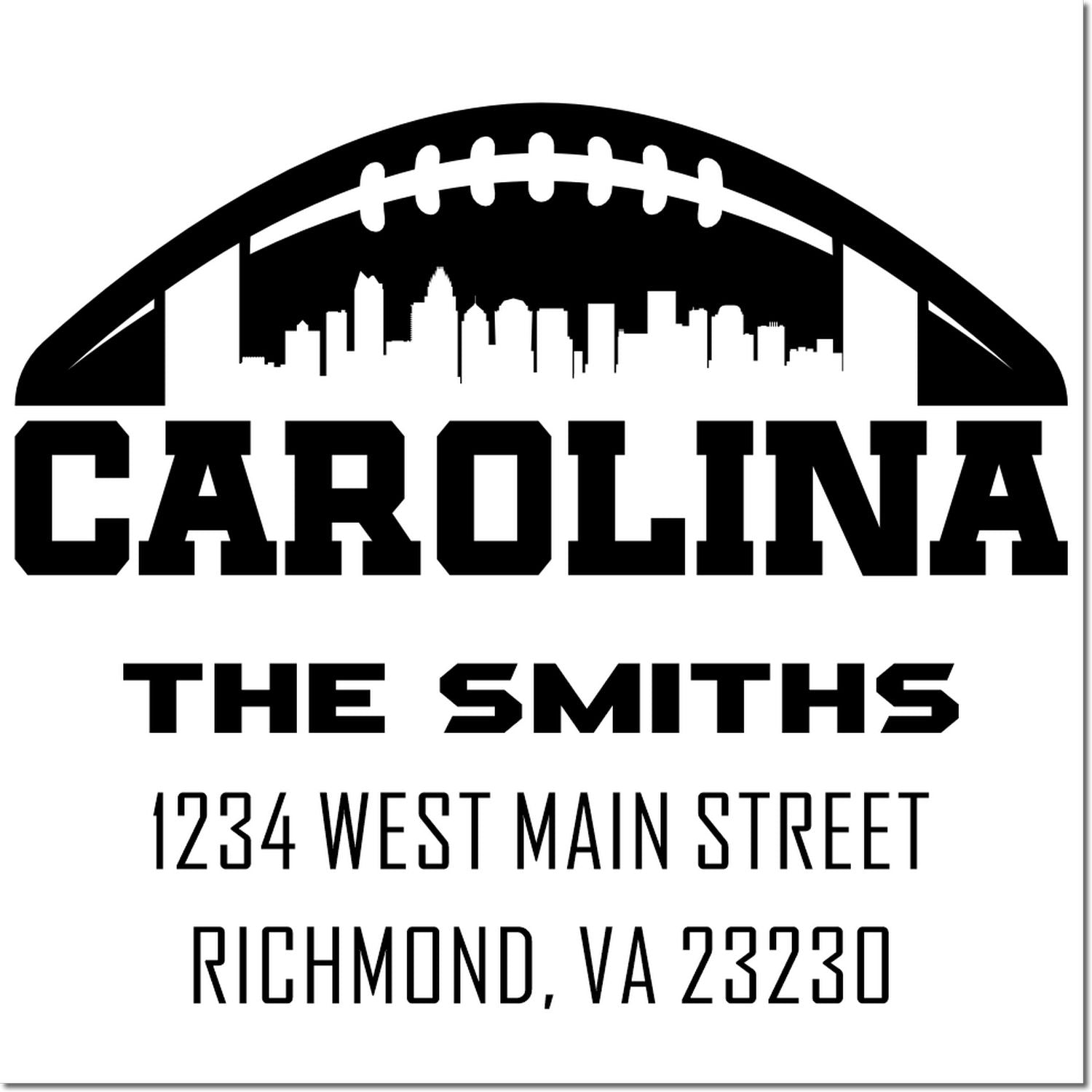 Custom Carolina football skyline address rubber stamp for The Smiths, 1234 West Main Street, Richmond, VA 23230