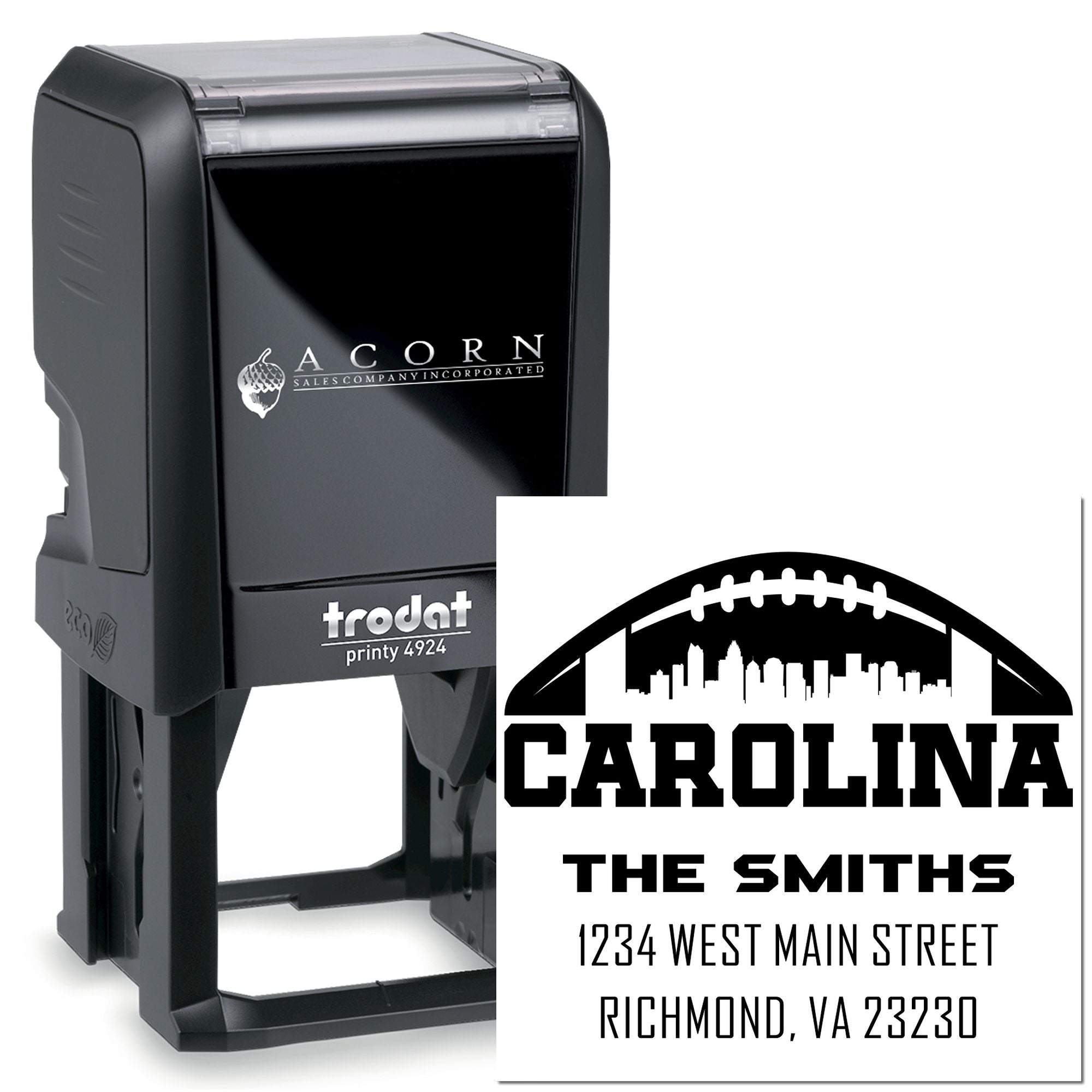 Custom self-inking address stamp with Carolina family design for personalized mail, wedding invitations, or return address use.