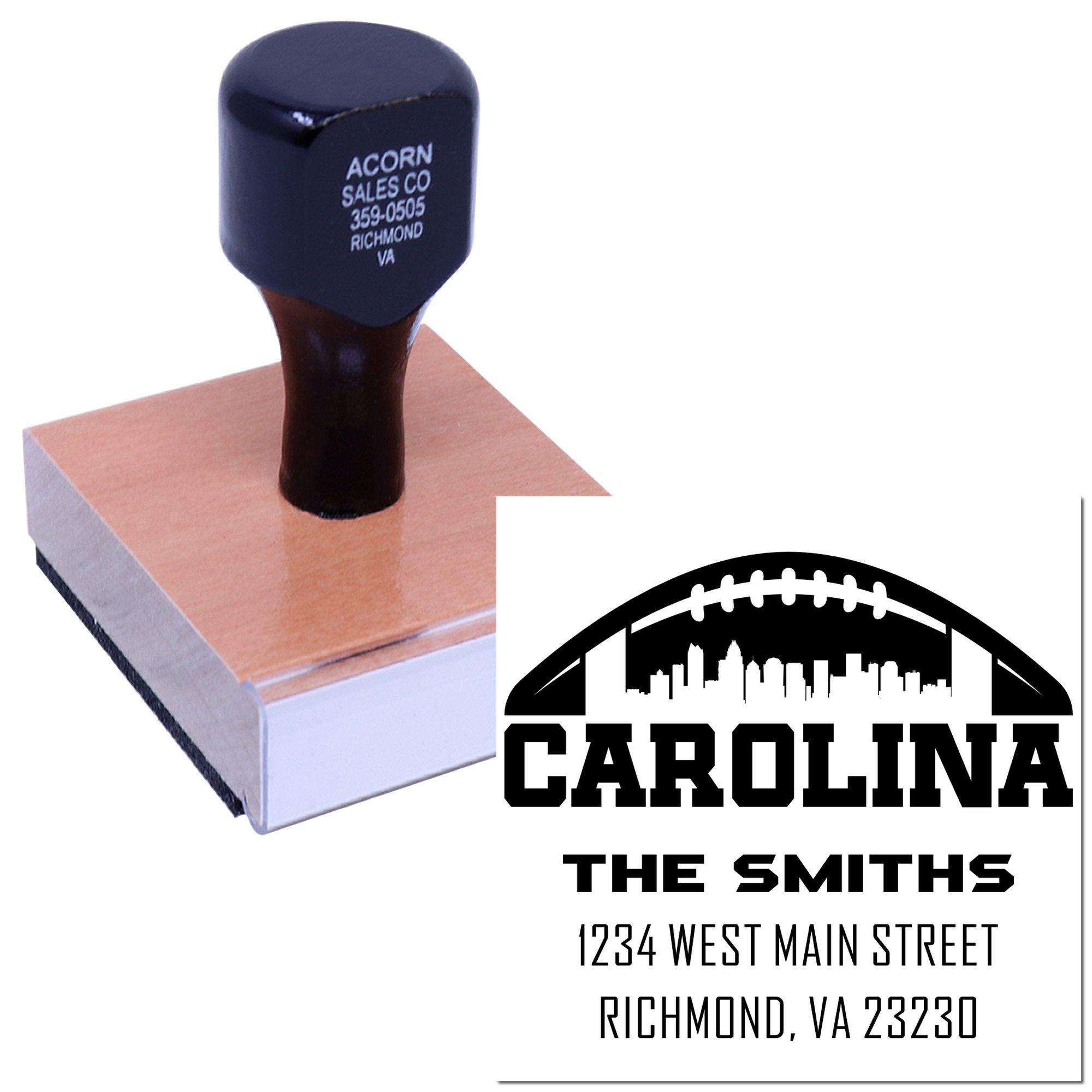 Custom return address rubber stamp with Carolina football logo, The Smiths name, and Richmond, VA address.